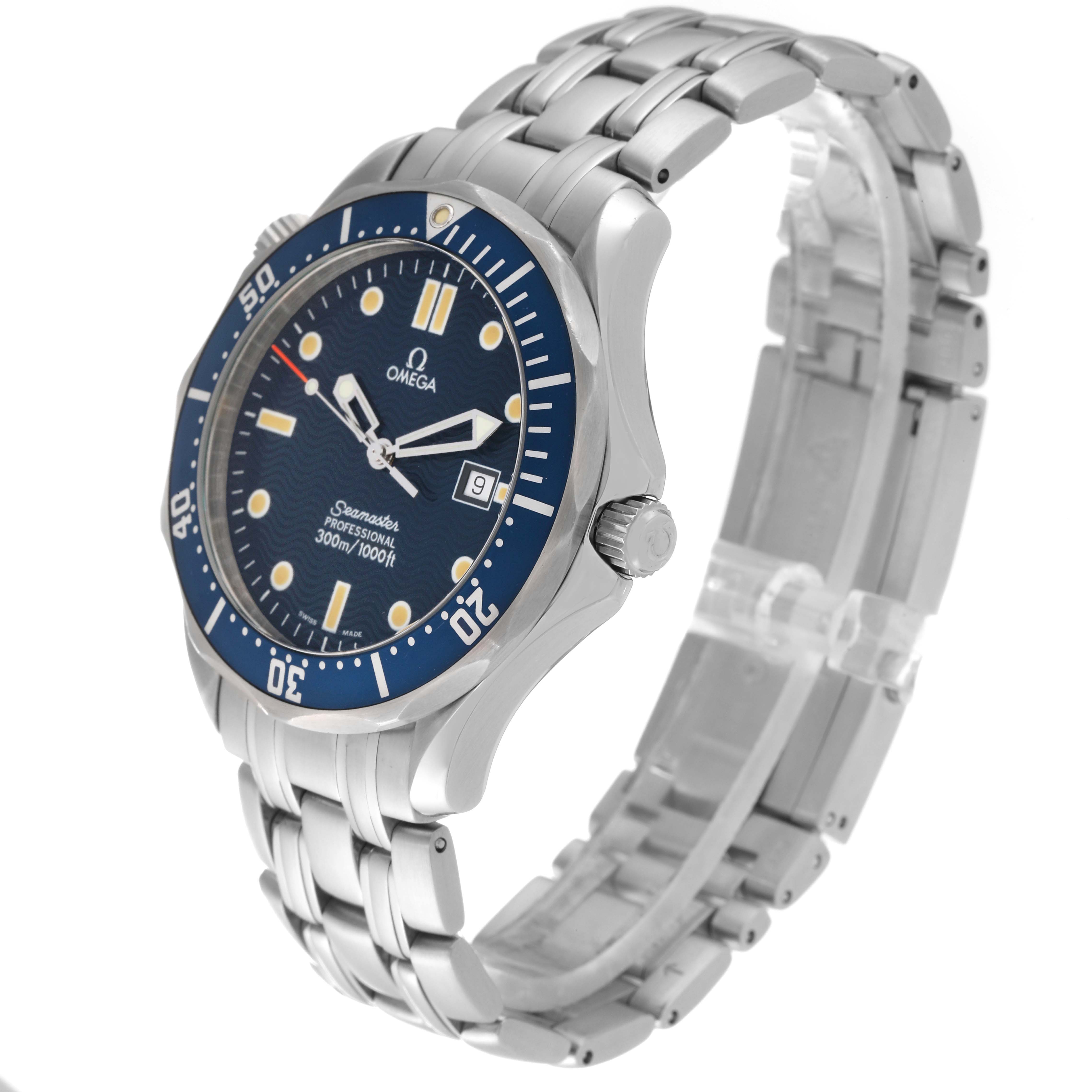 The Omega Seamaster 2541.80.00 Men's Stainless Steel Blue Dial 2541.80.00 Men's Stainless Steel Blue Dial watch is shown at a three-quarter angle, displaying its blue dial, bezel, and stainless steel bracelet.
