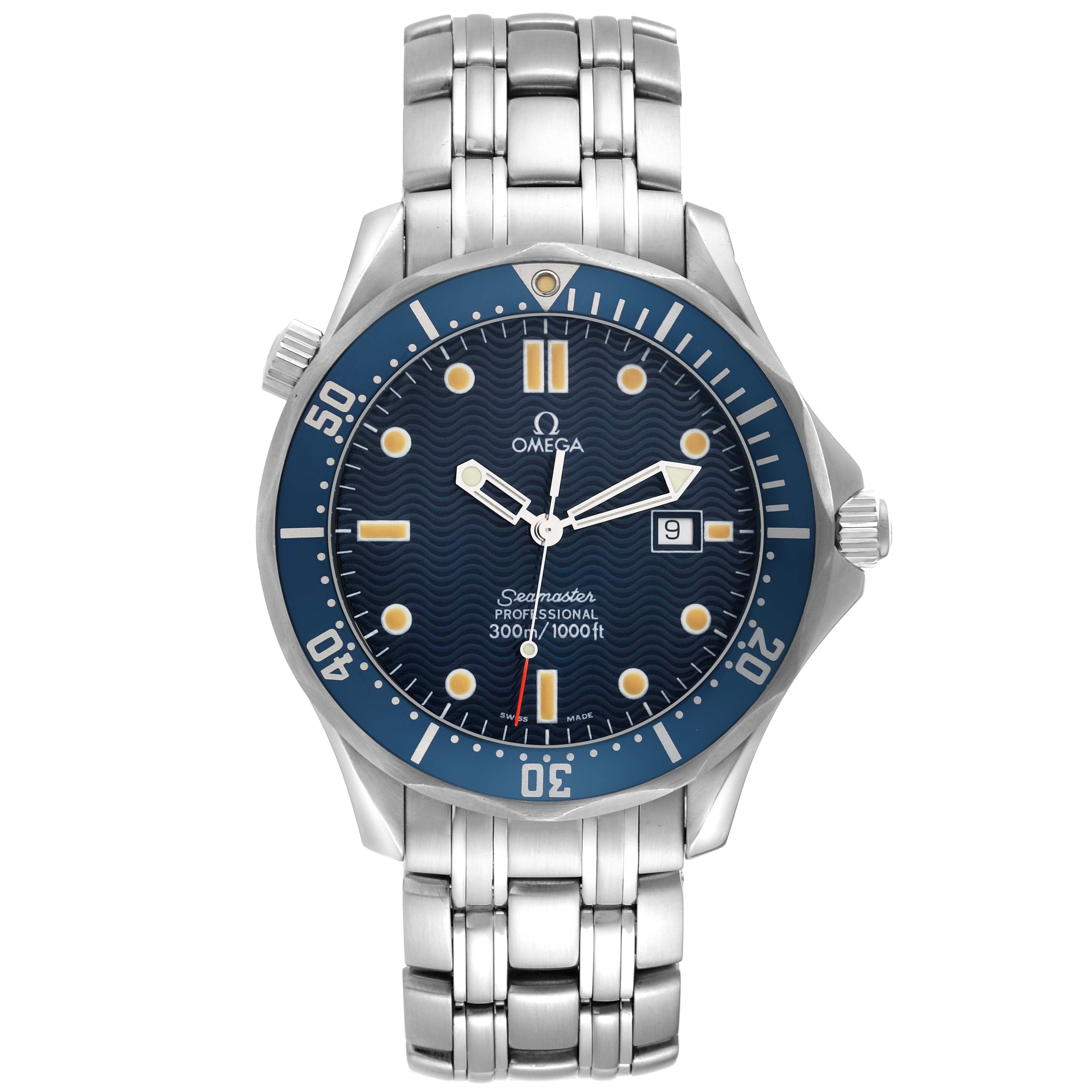 The Omega Seamaster 2541.80.00 Men's Stainless Steel Blue Dial 2541.80.00 Men's Stainless Steel Blue Dial watch is shown from the front, displaying its blue dial, silver bracelet, and date function.