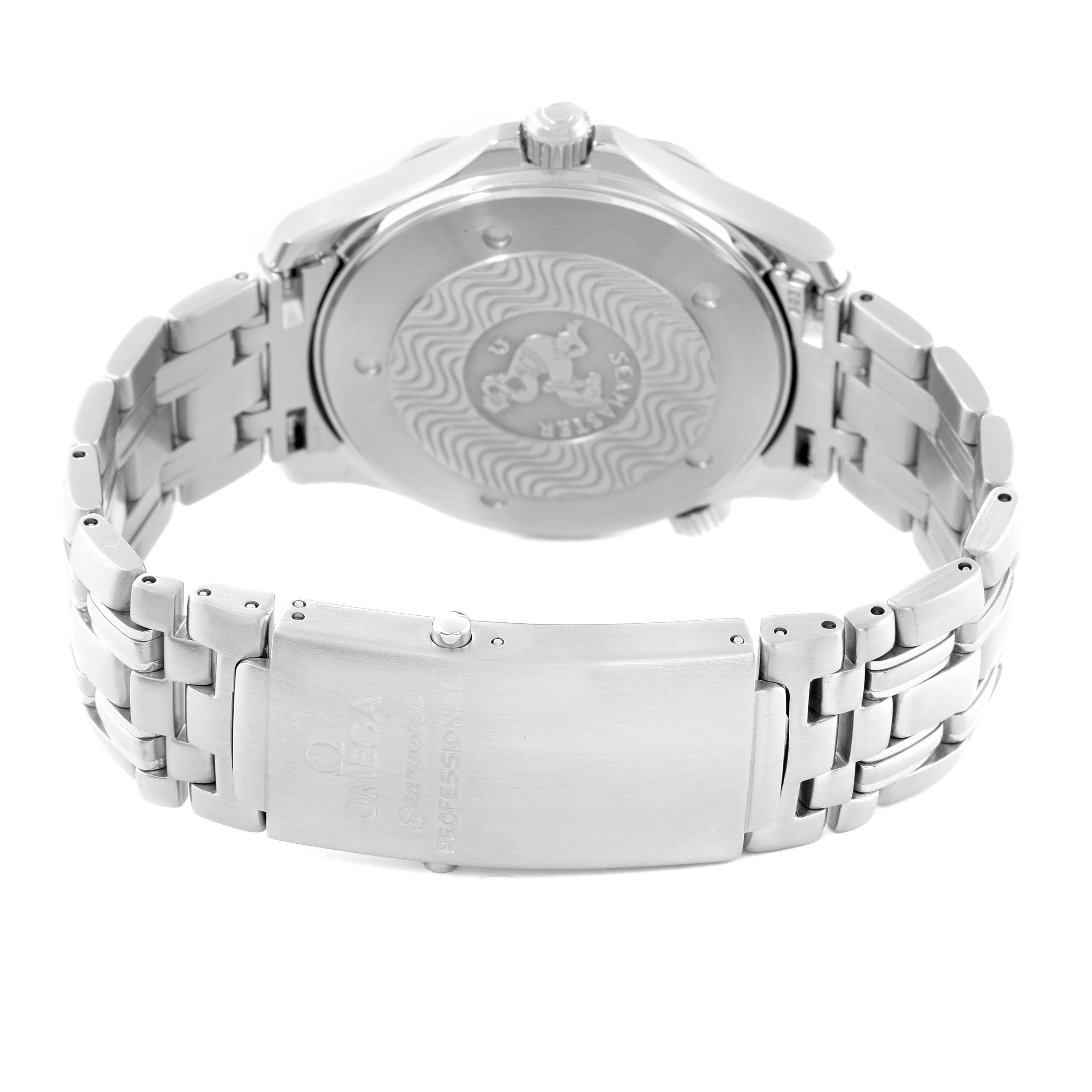 The image shows the back view and bracelet of an Omega Seamaster 2541.80.00 Men's Stainless Steel Blue Dial 2541.80.00 Men's Stainless Steel Blue Dial watch, highlighting the case back and clasp.