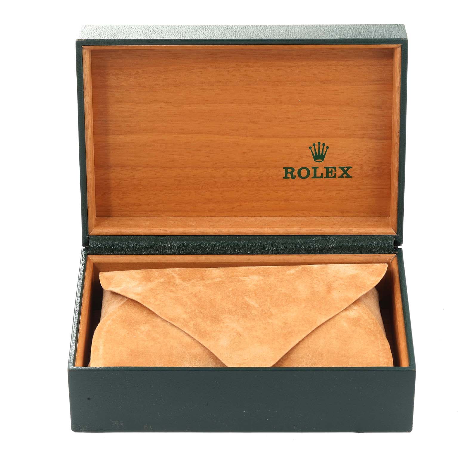 This image shows an open Rolex Date 15200 Men's Stainless Steel Pink Dial 15200 Men's Stainless Steel Pink Dial model watch box, featuring a suede pouch inside.