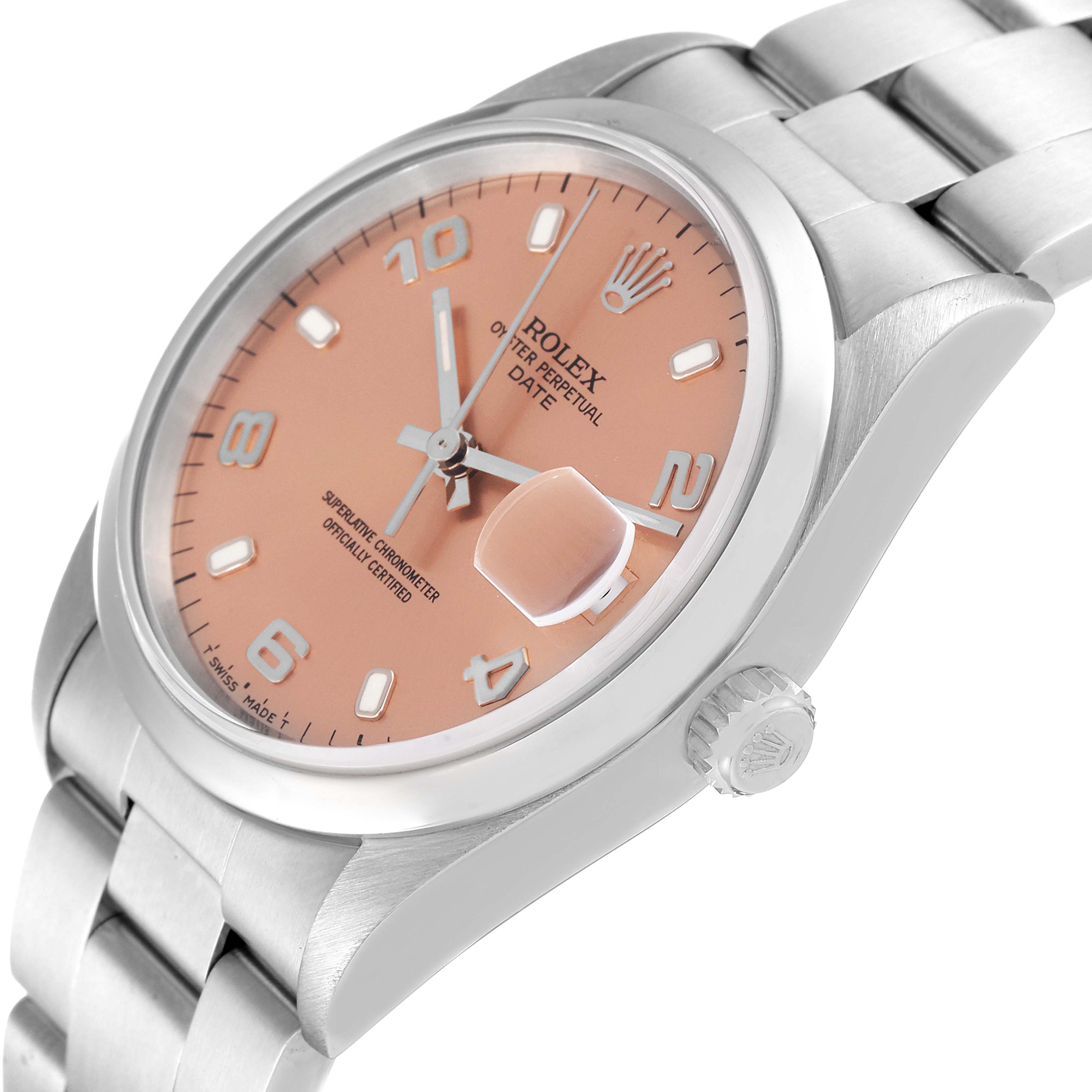 This image shows a Rolex Date 15200 Men's Stainless Steel Pink Dial 15200 Men's Stainless Steel Pink Dial model watch at a slight angle highlighting the dial, bezel, bracelet, and crown.