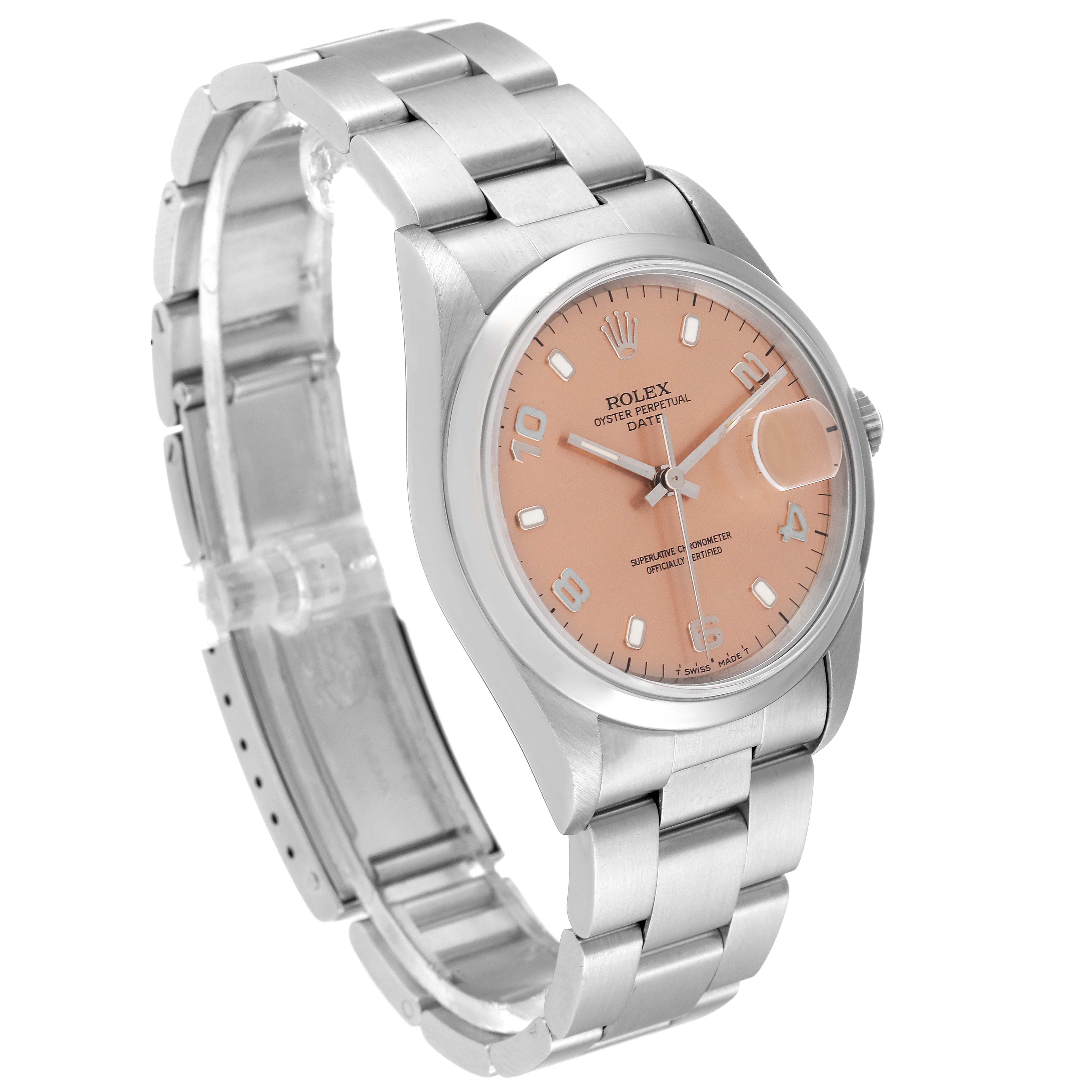 The Rolex Date 15200 Men's Stainless Steel Pink Dial 15200 Men's Stainless Steel Pink Dial watch is shown at a three-quarter angle, highlighting its bracelet, case, dial, hands, and crown.