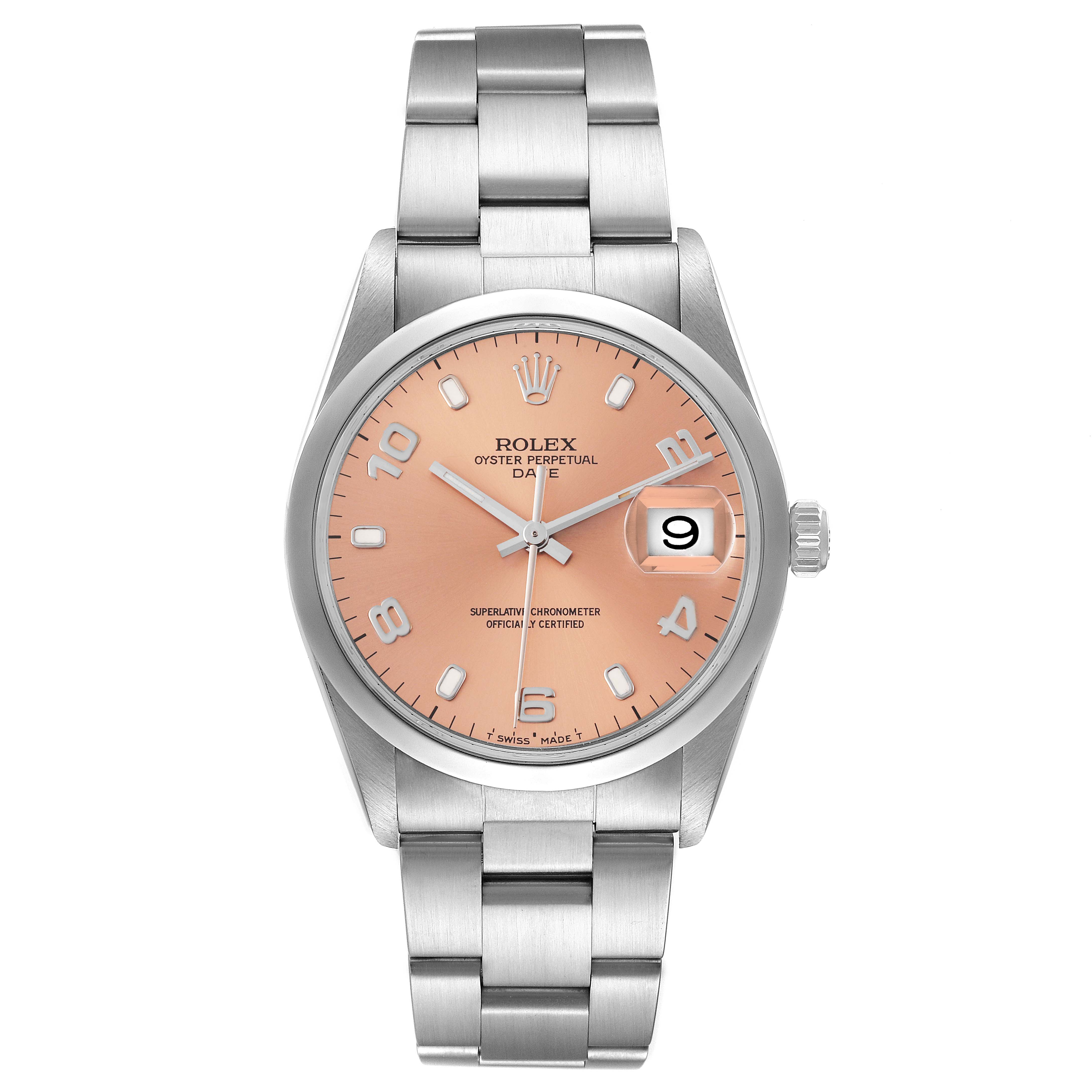 The Rolex Date 15200 Men's Stainless Steel Pink Dial 15200 Men's Stainless Steel Pink Dial watch is shown from a straight-on angle, displaying the dial and full metal bracelet.