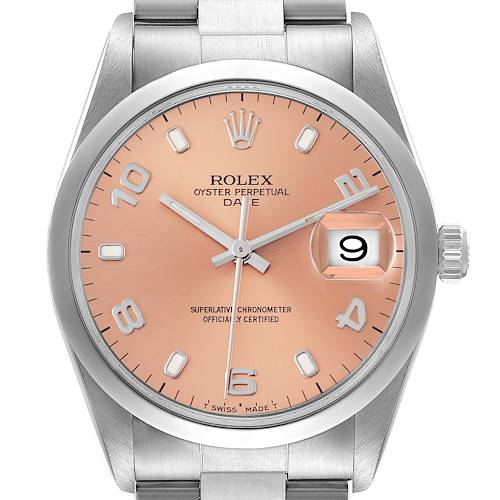 The image shows the front view of the Rolex Date 15200 Men's Stainless Steel Pink Dial 15200 Men's Stainless Steel Pink Dial model watch, displaying the dial, hands, crown, and part of the bracelet.