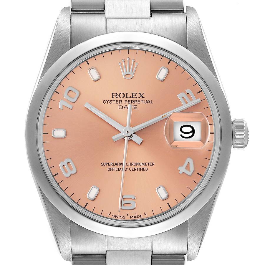 The image shows a front view of a Rolex Date 15200 Men's Stainless Steel Pink Dial 15200 Men's Stainless Steel Pink Dial model watch, highlighting the dial, hands, crown, and bracelet.