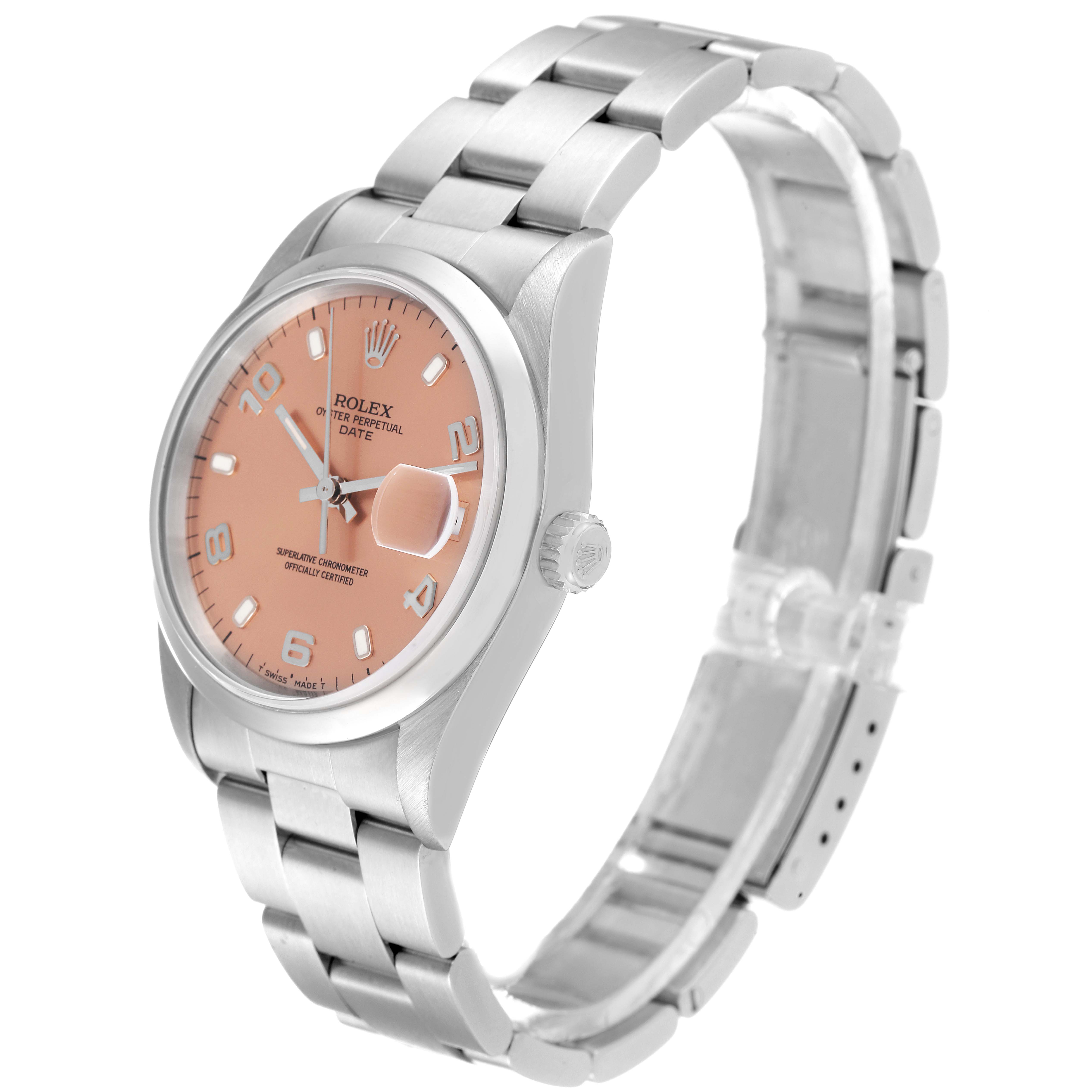 The image shows a Rolex Date 15200 Men's Stainless Steel Pink Dial 15200 Men's Stainless Steel Pink Dial model watch at a slightly angled side view, displaying the dial, case, and bracelet.