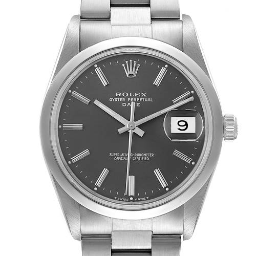 The image shows a front view of the Rolex Oyster Perpetual Date watch, displaying the dial, hands, markers, and date window.
