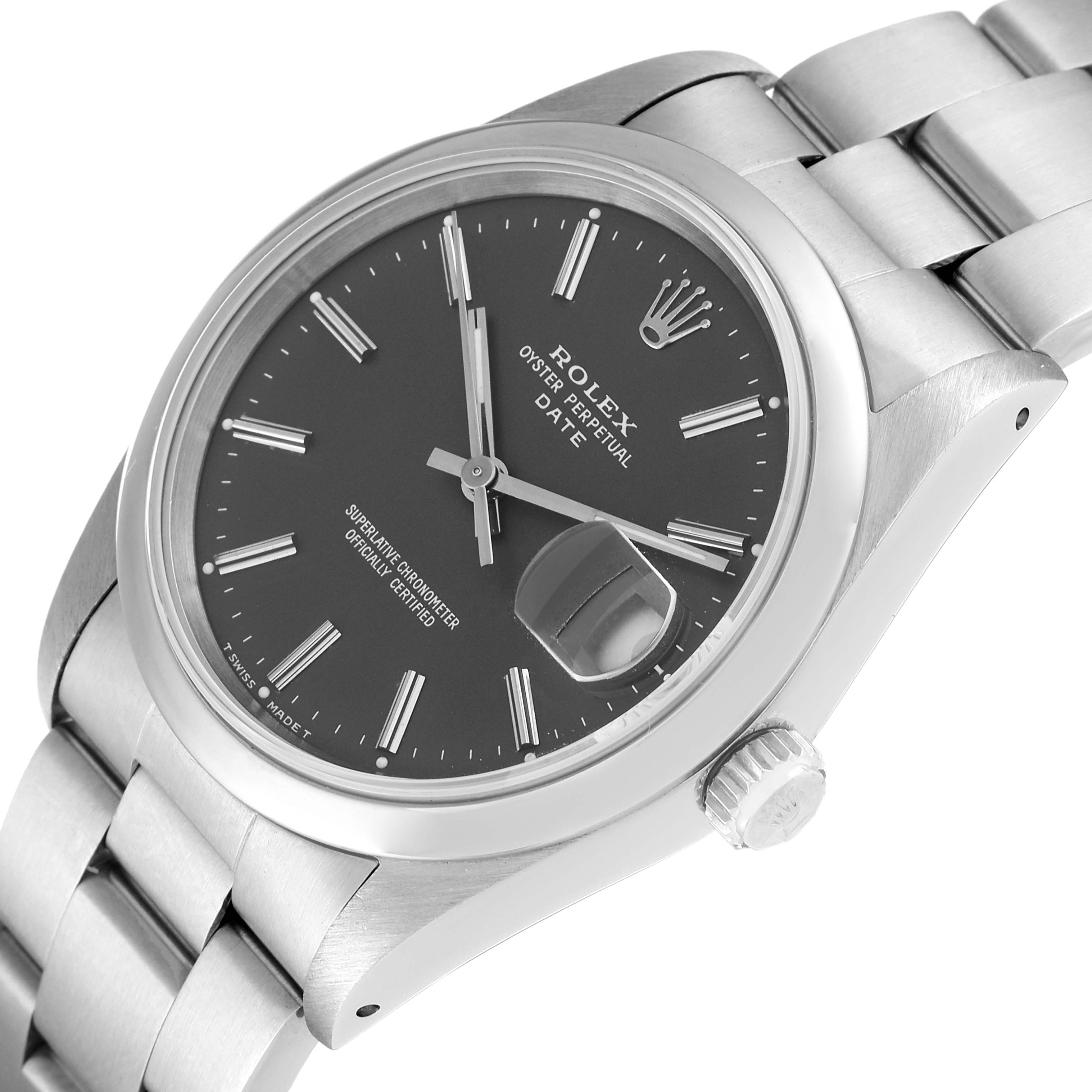The image shows a Rolex Date 15200 Men's Stainless Steel Grey Dial 15200 Men's Stainless Steel Grey Dial model watch at an angle highlighting the dial, bracelet, crown, and date magnifier.