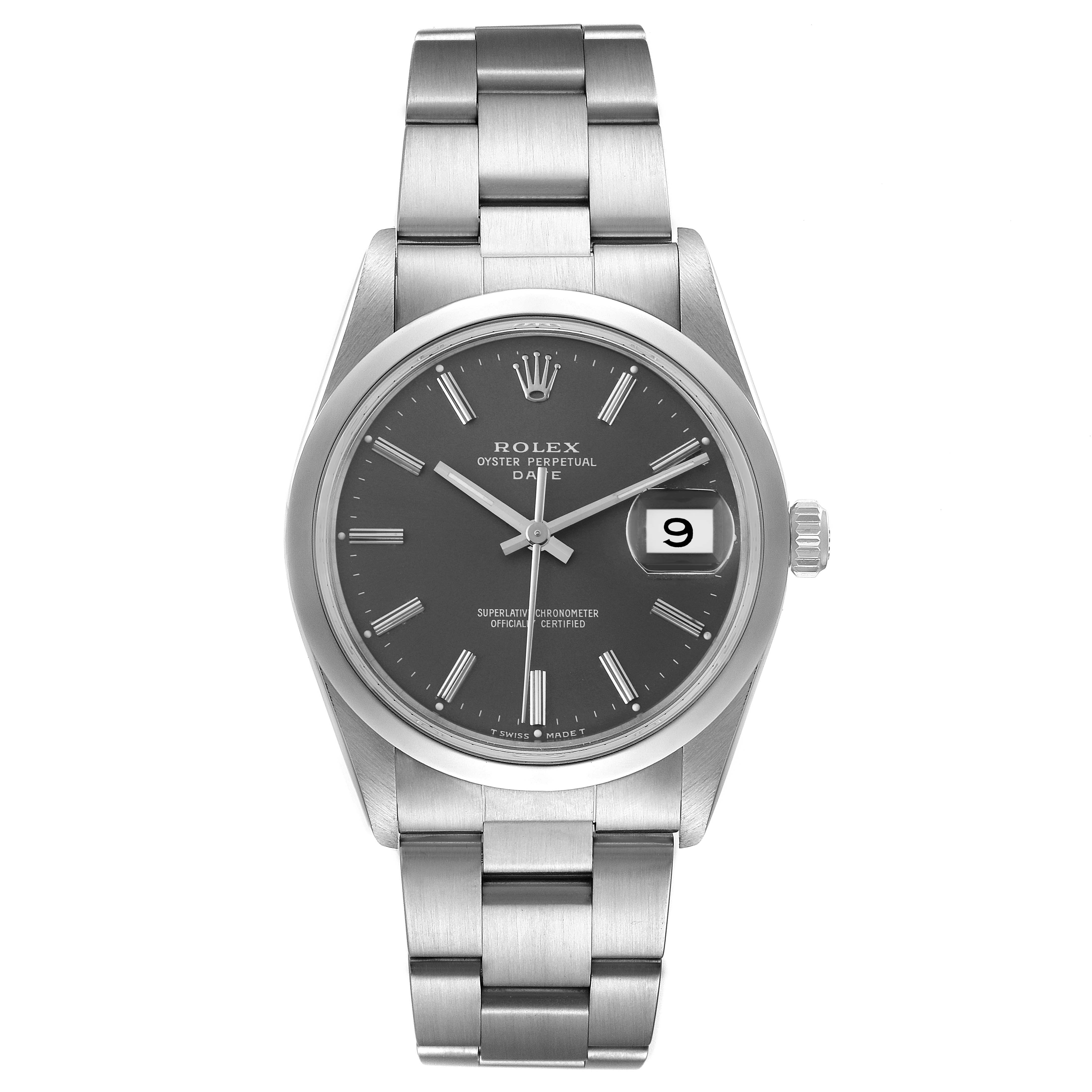 The image shows a front view of the Rolex Date 15200 Men's Stainless Steel Grey Dial 15200 Men's Stainless Steel Grey Dial model watch, highlighting its dial, hands, bracelet, and date window.