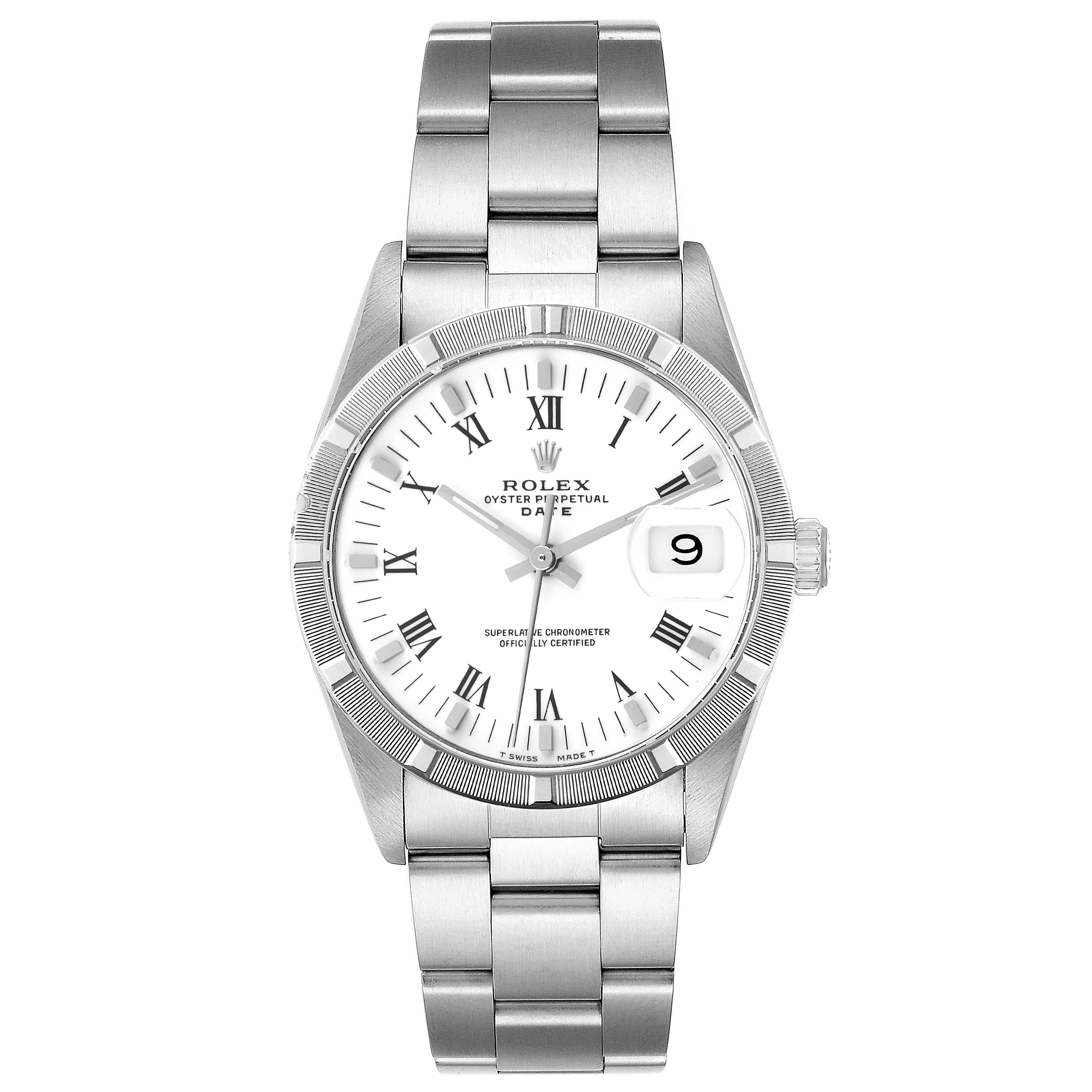 The image shows a frontal view of the Rolex Date 15210 Men's Stainless Steel White Dial 15210 Men's Stainless Steel White Dial model, displaying its stainless steel bracelet, dial, and date window at 3 o'clock.