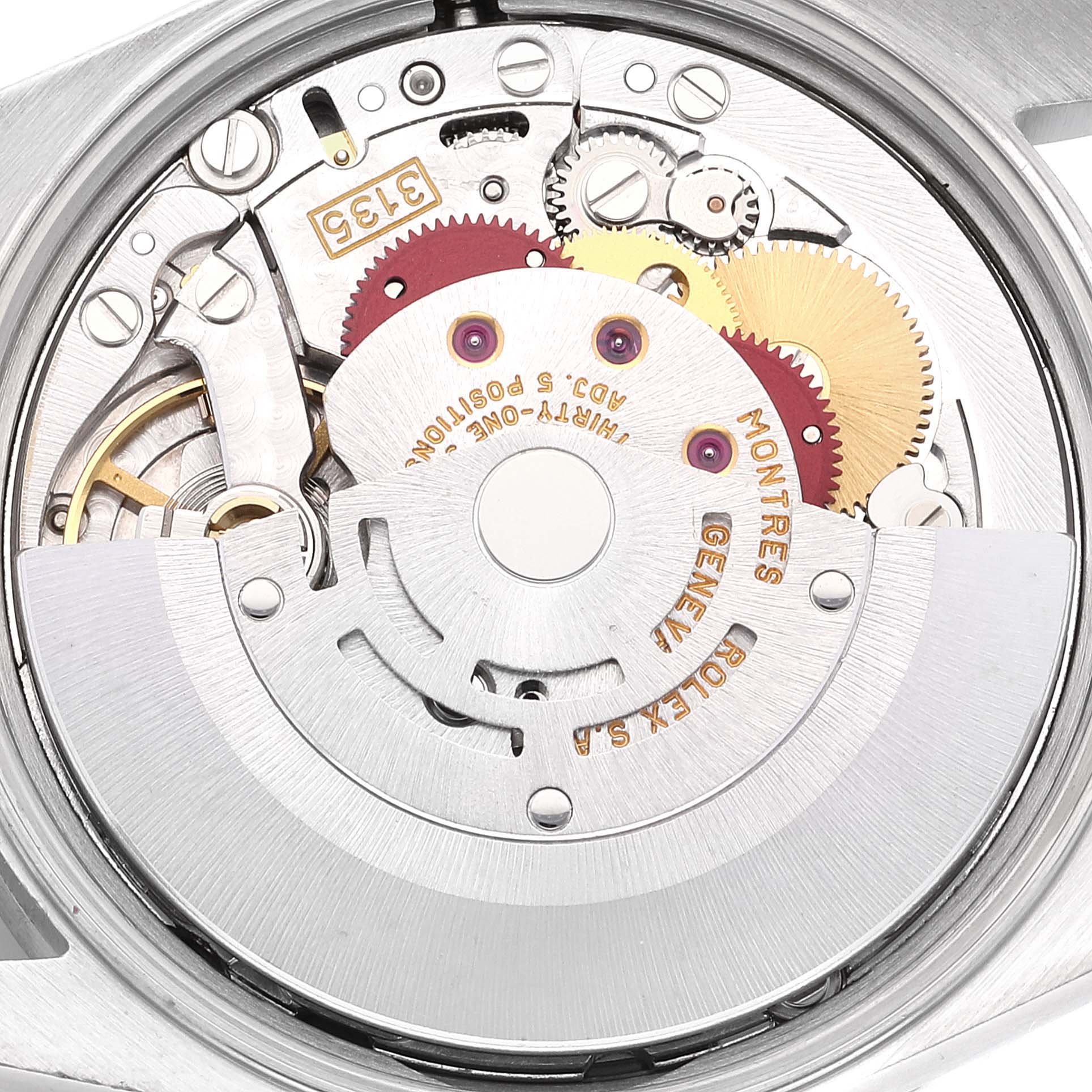 This image shows the inner movement mechanism of a Rolex Date 15210 Men's Stainless Steel White Dial 15210 Men's Stainless Steel White Dial model watch from a top-down angle.