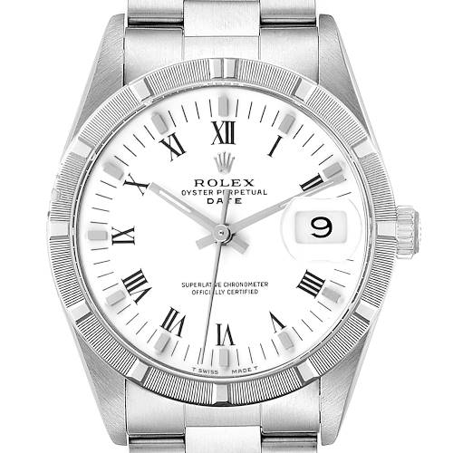 The image shows a front view of a Rolex Date 15210 Men's Stainless Steel White Dial 15210 Men's Stainless Steel White Dial model watch, highlighting its white dial, Roman numerals, date window, and stainless steel bracelet.