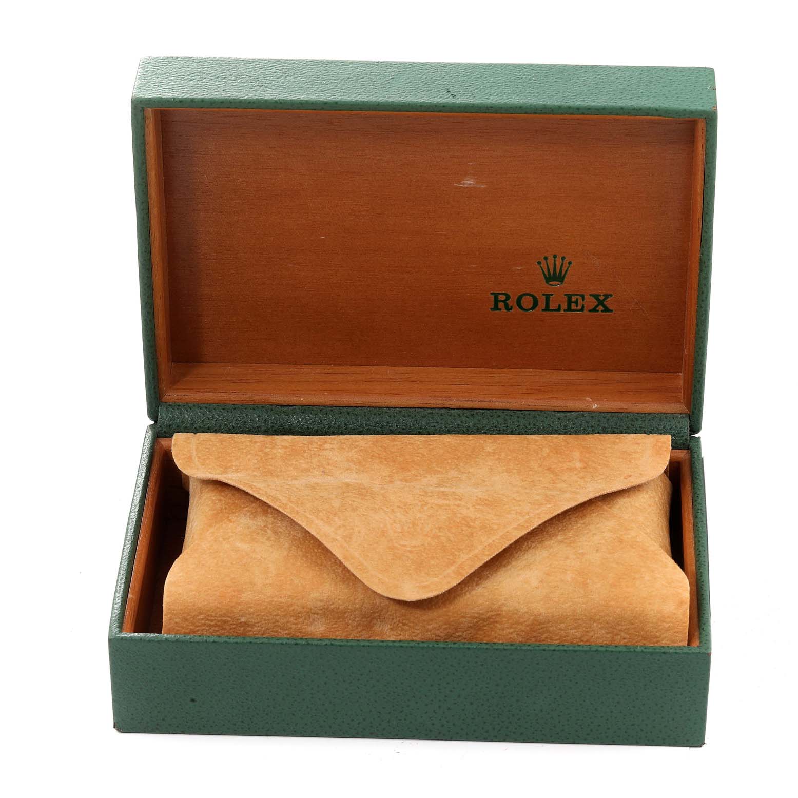 The image shows an open green Rolex box with a tan leather pouch inside, containing a Rolex Date 15210 Men's Stainless Steel White Dial 15210 Men's Stainless Steel White Dial model watch.