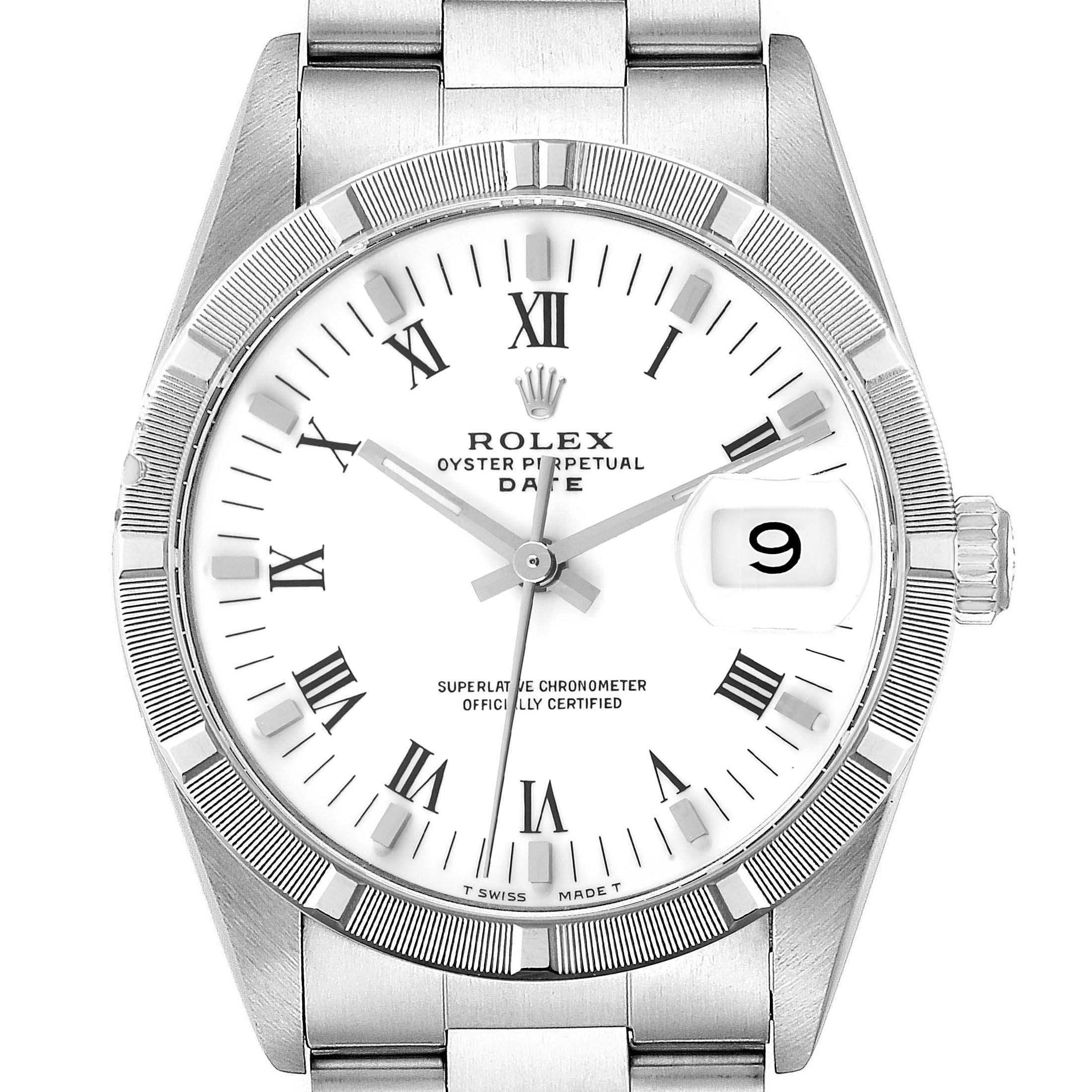 The image shows a front view of a Rolex Date 15210 Men's Stainless Steel White Dial 15210 Men's Stainless Steel White Dial model watch, capturing the dial, bezel, and part of the bracelet.