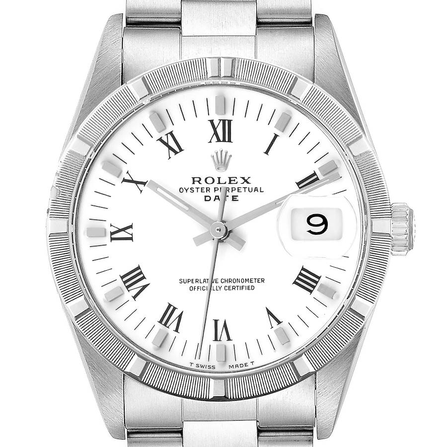 The image shows a front view of a Rolex Date 15210 Men's Stainless Steel White Dial 15210 Men's Stainless Steel White Dial model watch, capturing the dial, bezel, and part of the bracelet.