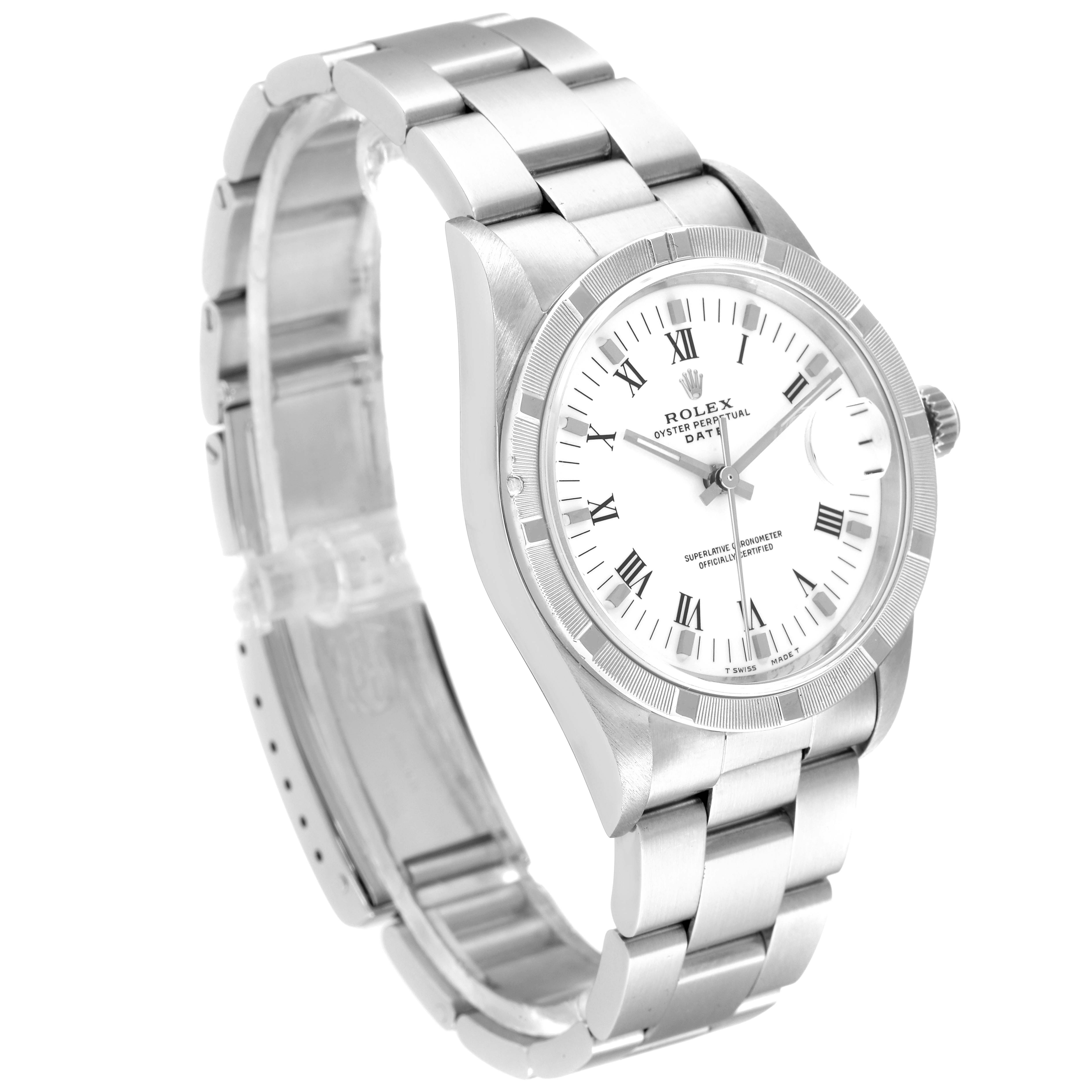 The Rolex Date 15210 Men's Stainless Steel White Dial 15210 Men's Stainless Steel White Dial model watch is shown at an angle displaying the face, bezel, crown, and bracelet.