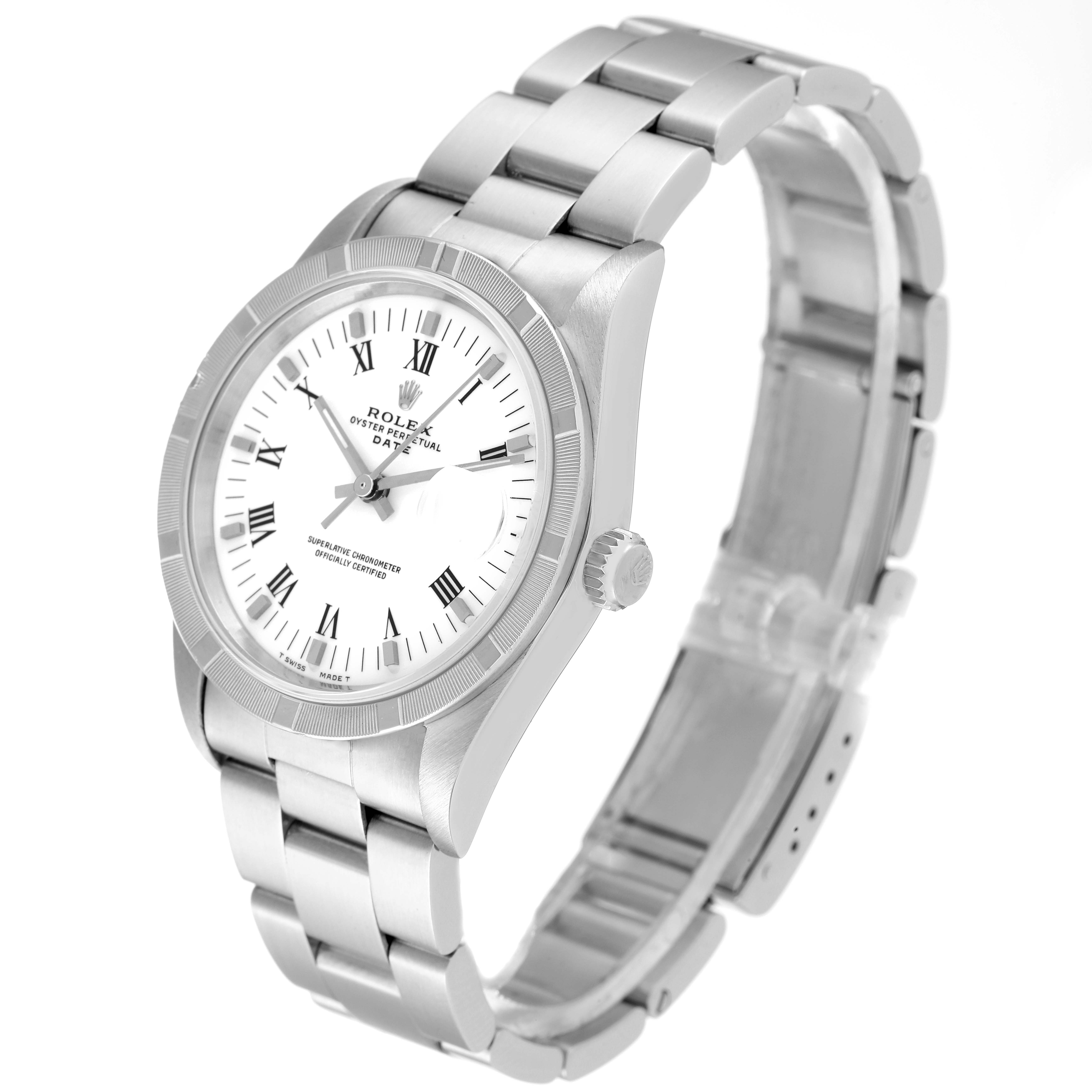 The Rolex Date 15210 Men's Stainless Steel White Dial 15210 Men's Stainless Steel White Dial model watch is shown at a slightly angled perspective, displaying its face, bracelet, and crown.