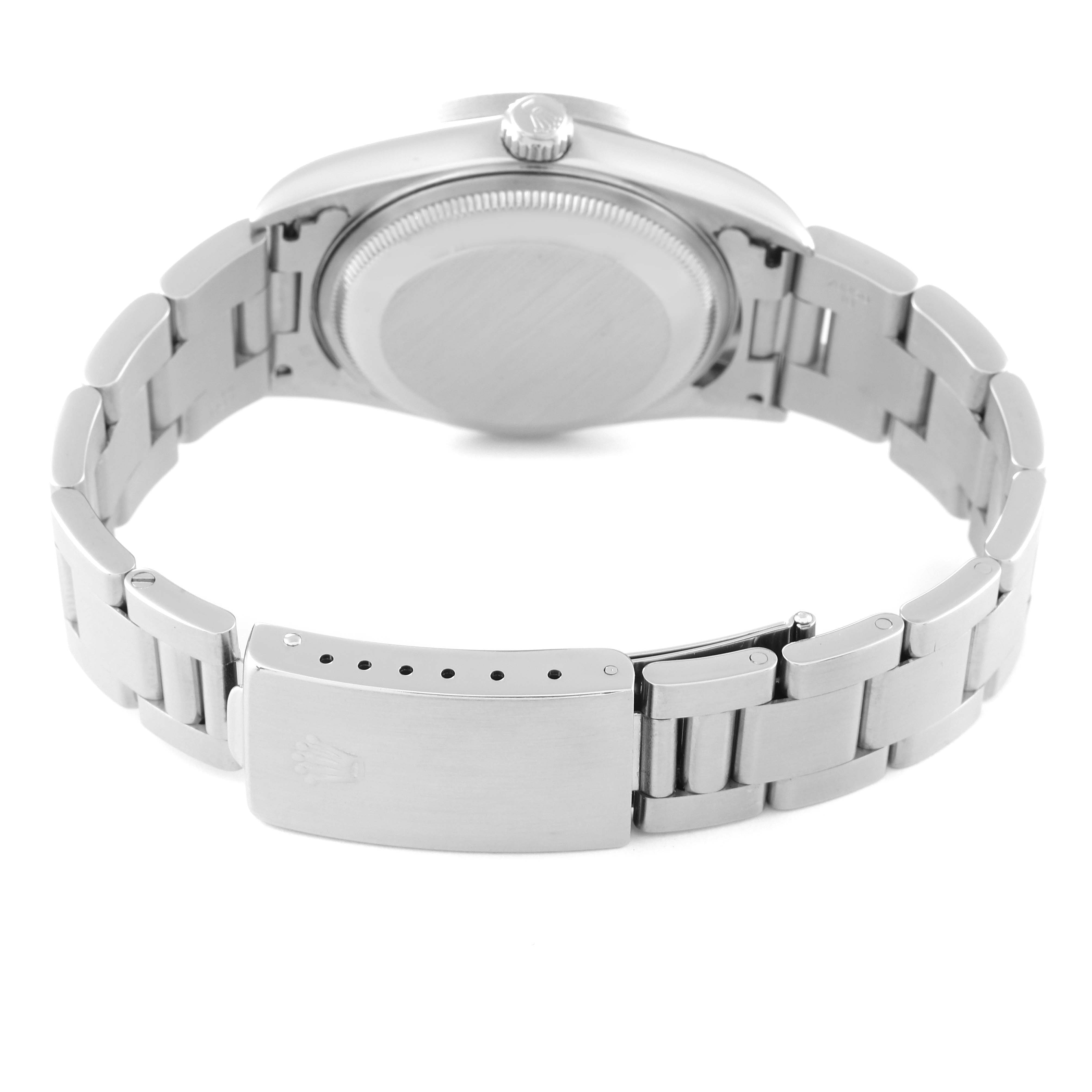 This image shows the back view of a Rolex Date 15210 Men's Stainless Steel White Dial 15210 Men's Stainless Steel White Dial model watch, highlighting the clasp and bracelet.