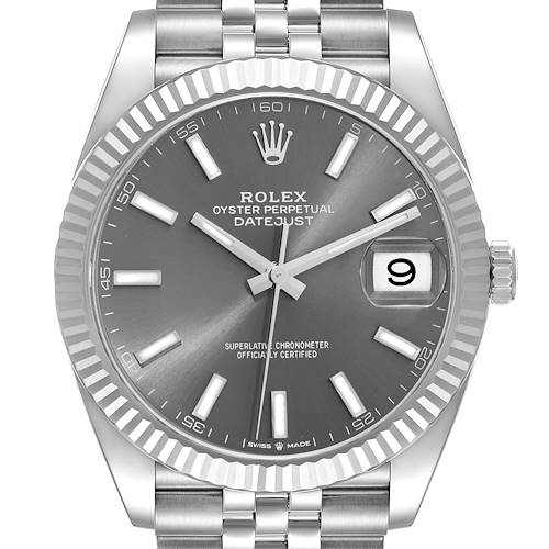 This image shows a frontal view of the Rolex Datejust 41 126334 Men's Stainless Steel Grey Dial 126334 Men's Stainless Steel Grey Dial watch, highlighting its dial, bezel, and bracelet.