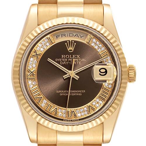 This image shows a frontal view of the Rolex President 118238 Men's Yellow Gold Brown Dial 118238 Men's Yellow Gold Brown Dial model, highlighting the dial, day and date windows, and bracelet.