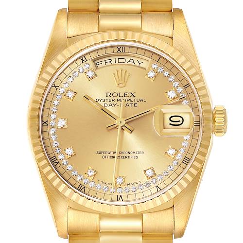 The image shows the face of a Rolex President 18238 Men's Yellow Gold Champagne Dial 18238 Men's Yellow Gold Champagne Dial Oyster Perpetual Day-Date watch, including the bezel, dial, hands, and bracelet.