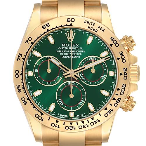 This Rolex Daytona 116508 Men's Yellow Gold Green Dial 116508 Men's Yellow Gold Green Dial watch is shown from a front angle, highlighting its dial, case, bezel, and crown.