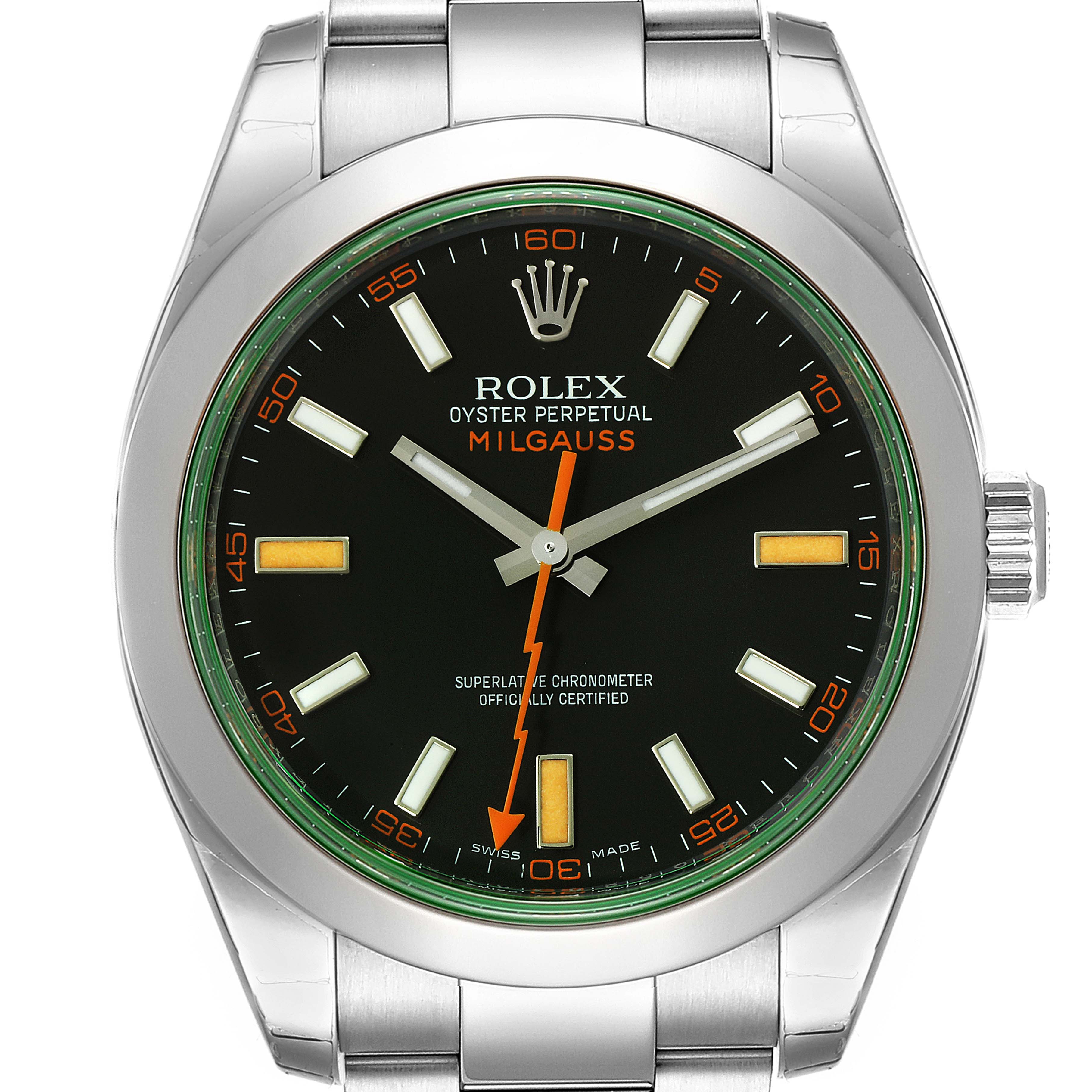 The image shows a front view of the Rolex Milgauss 116400GV Men's Stainless Steel Black Dial 116400GV Men's Stainless Steel Black Dial watch, highlighting its face, bezel, and bracelet.