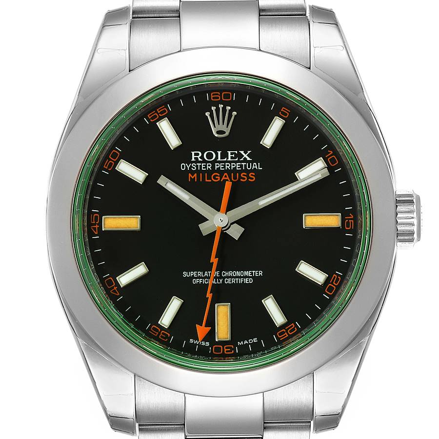 The image shows a front view of the Rolex Milgauss 116400GV Men's Stainless Steel Black Dial 116400GV Men's Stainless Steel Black Dial watch, highlighting its face, bezel, and bracelet.