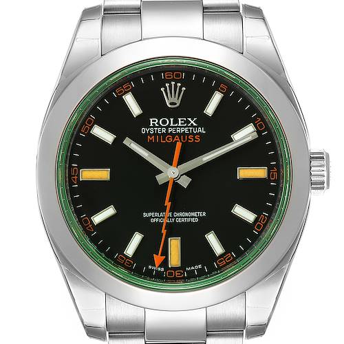 This image shows a front view of the Rolex Milgauss 116400GV Men's Stainless Steel Black Dial 116400GV Men's Stainless Steel Black Dial watch, highlighting its face, bezel, and part of the bracelet.