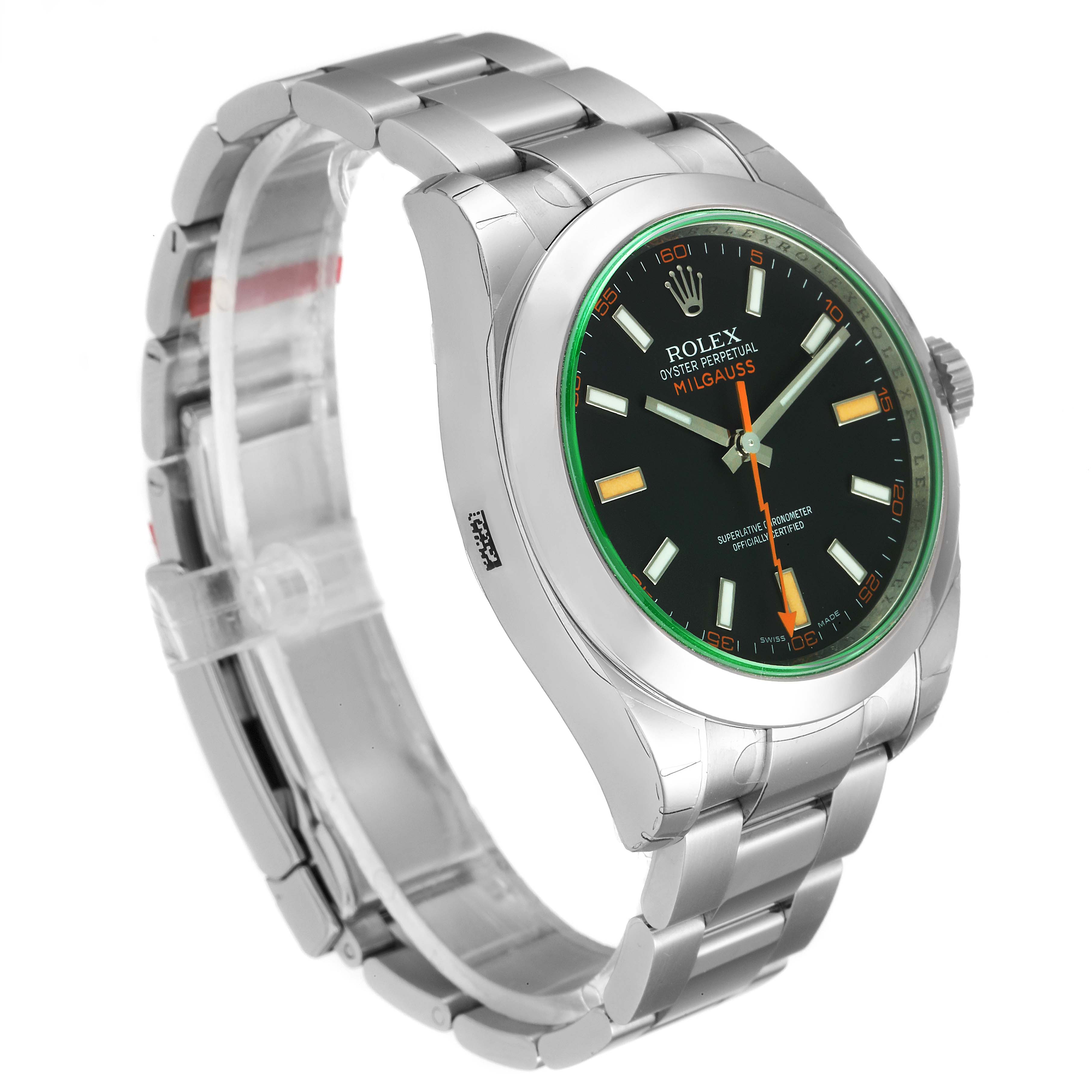 The Rolex Milgauss 116400GV Men's Stainless Steel Black Dial 116400GV Men's Stainless Steel Black Dial watch is shown at a three-quarter angle, highlighting its bracelet, dial, and bezel.
