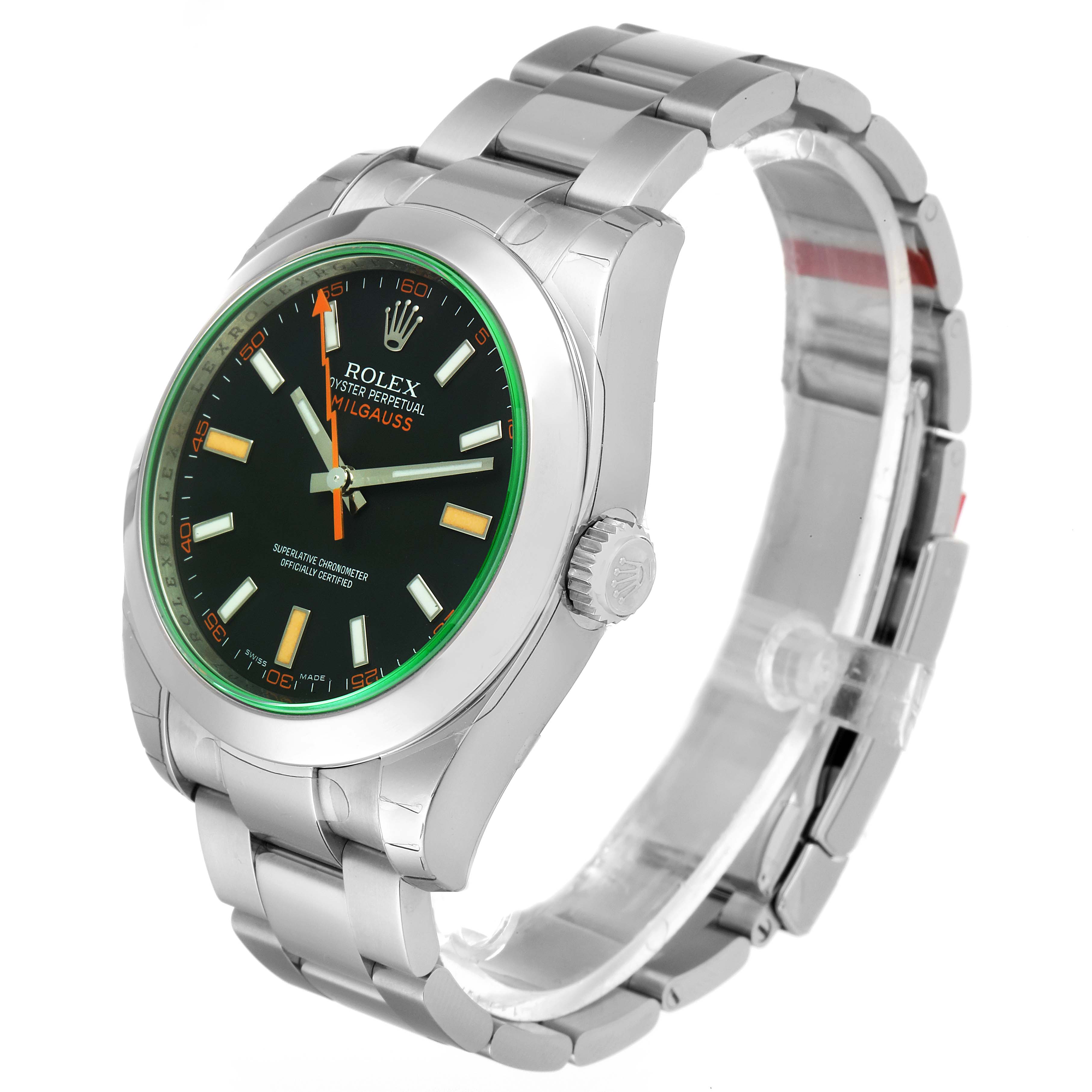 The image shows a Rolex Milgauss 116400GV Men's Stainless Steel Black Dial 116400GV Men's Stainless Steel Black Dial watch at a slight angle, displaying the face, crown, and stainless steel bracelet.