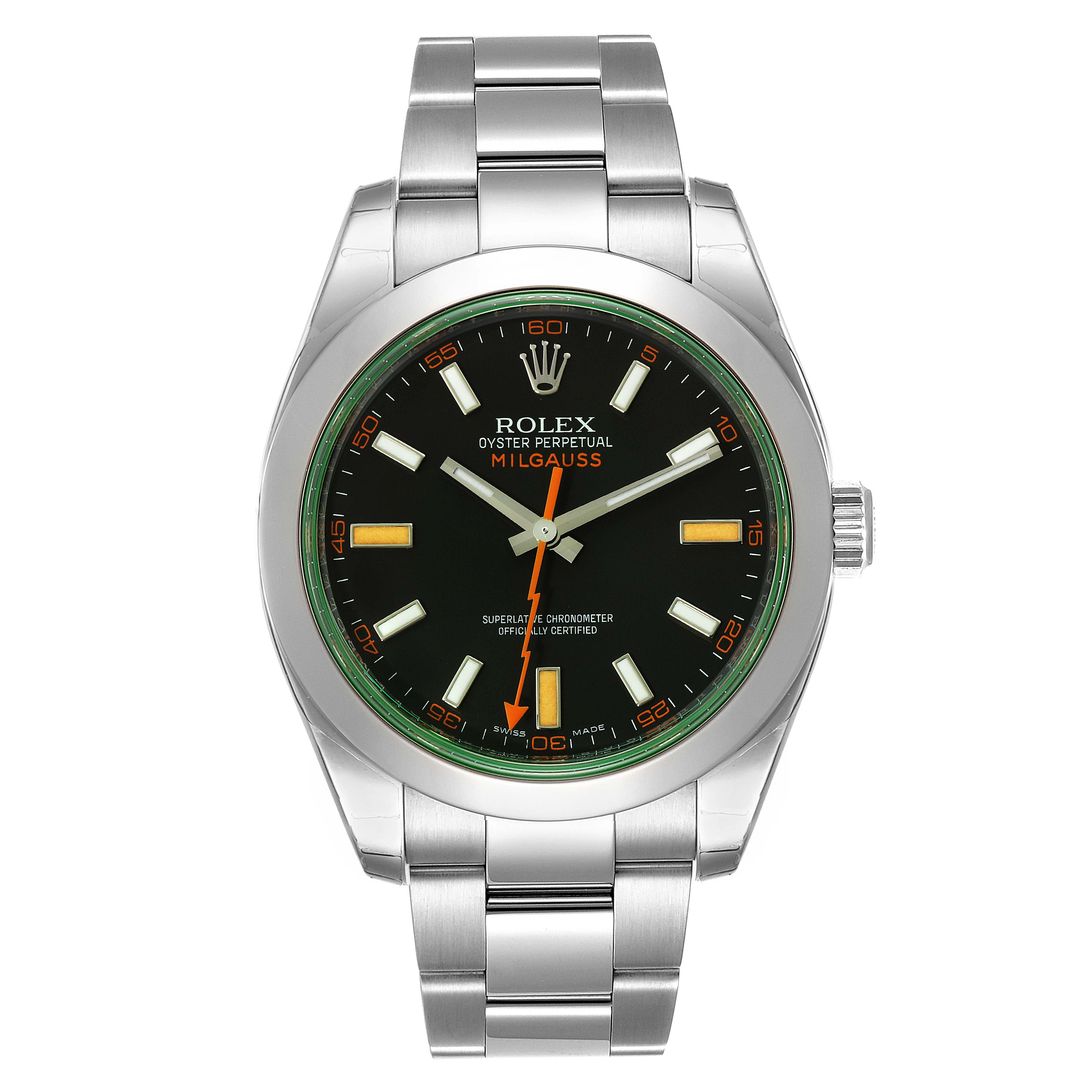 This front view image showcases the Rolex Milgauss 116400GV Men's Stainless Steel Black Dial 116400GV Men's Stainless Steel Black Dial watch with its stainless steel band and distinctive orange lightning bolt seconds hand.