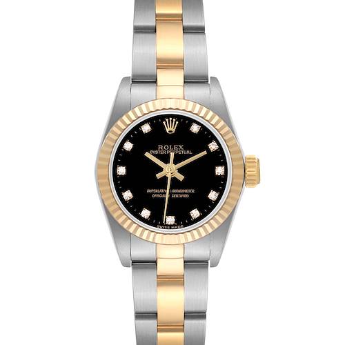 The image shows a front-facing view of a Rolex Oyster Perpetual 67193 Women's Steel and Gold (two tone) Black Dial 67193 Women's Steel and Gold (two tone) Black Dial watch with a black dial, gold bezel, and a two-tone bracelet.