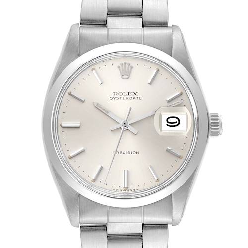 The image shows a front view of the Rolex Vintage Collection 6694 Men's Stainless Steel Silver Dial 6694 Men's Stainless Steel Silver Dial Oysterdate Precision watch, highlighting the dial, hands, and date display.