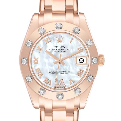 The image shows a front view of the Rolex Pearlmaster 81315 Women's Rose Gold Mother of Pearl Dial 81315 Women's Rose Gold Mother of Pearl Dial watch, highlighting the dial, bezel, hands, and bracelet.