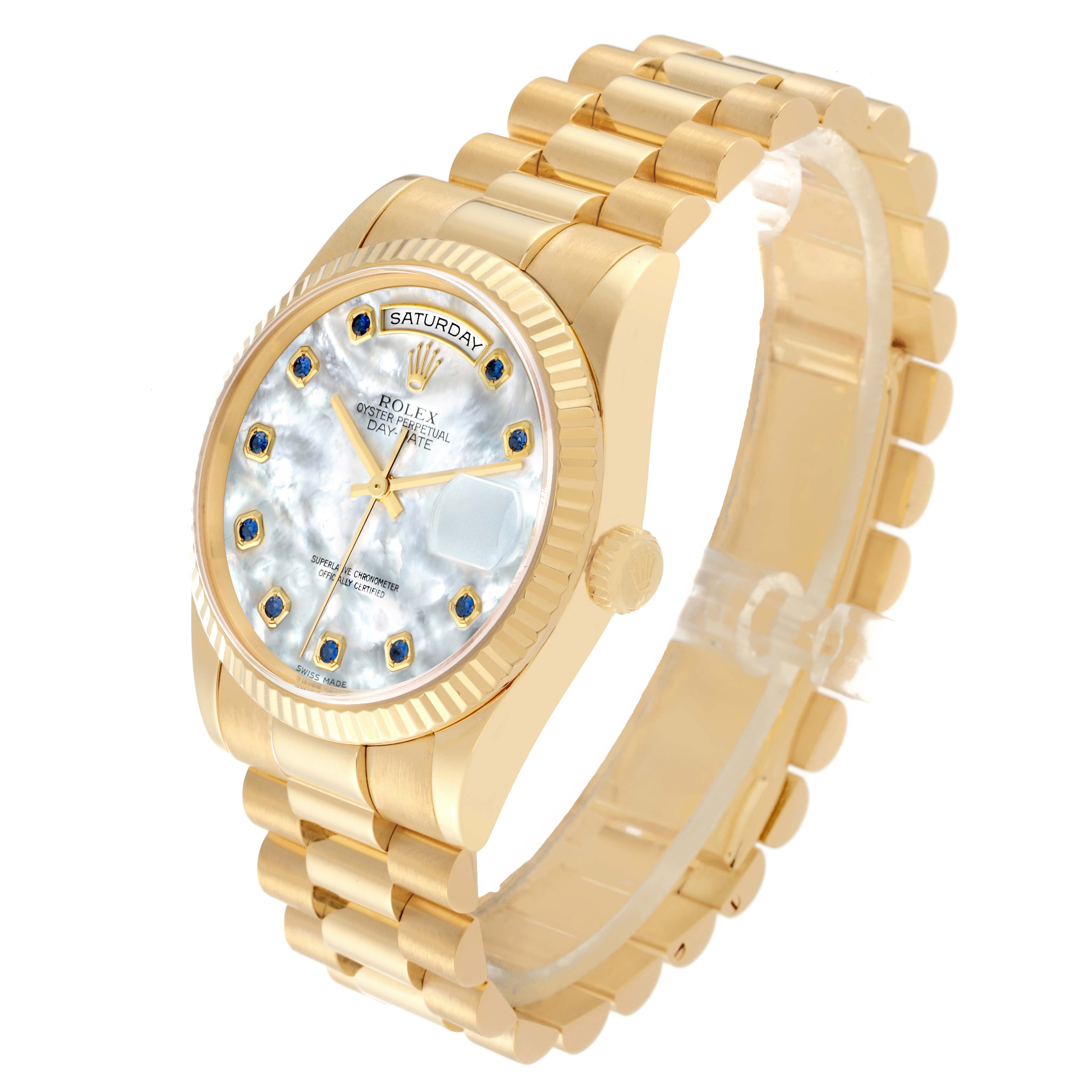 This image shows a side view of the Rolex President 118238 Men's Yellow Gold Mother of Pearl Dial 118238 Men's Yellow Gold Mother of Pearl Dial model watch, highlighting the face, bezel, crown, and bracelet.