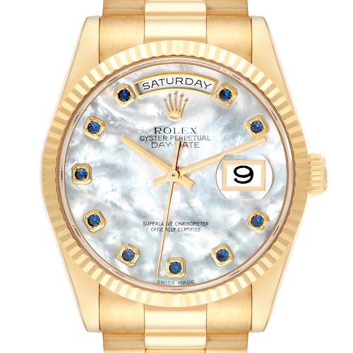 This image shows a front view of the Rolex President 118238 Men's Yellow Gold Mother of Pearl Dial 118238 Men's Yellow Gold Mother of Pearl Dial model watch, featuring a fluted bezel, mother-of-pearl dial, and day-date display.