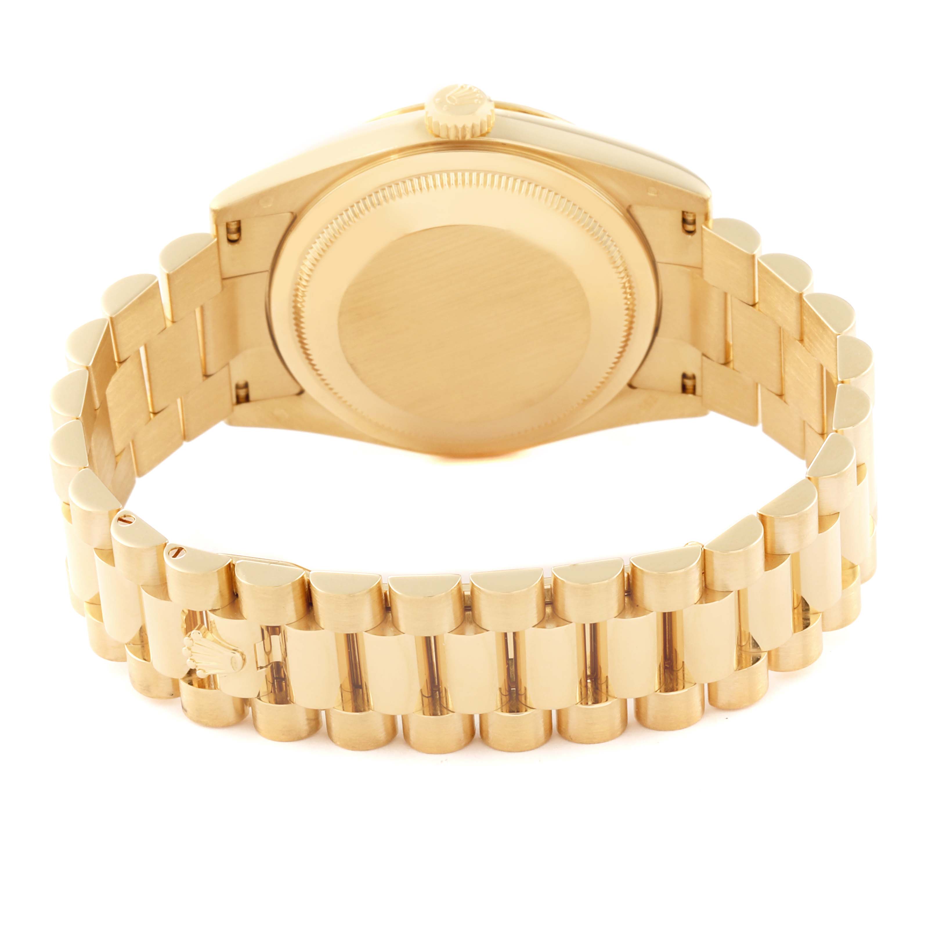 This image shows the back case and bracelet of a Rolex President 118238 Men's Yellow Gold Mother of Pearl Dial 118238 Men's Yellow Gold Mother of Pearl Dial model watch from a rear angle.