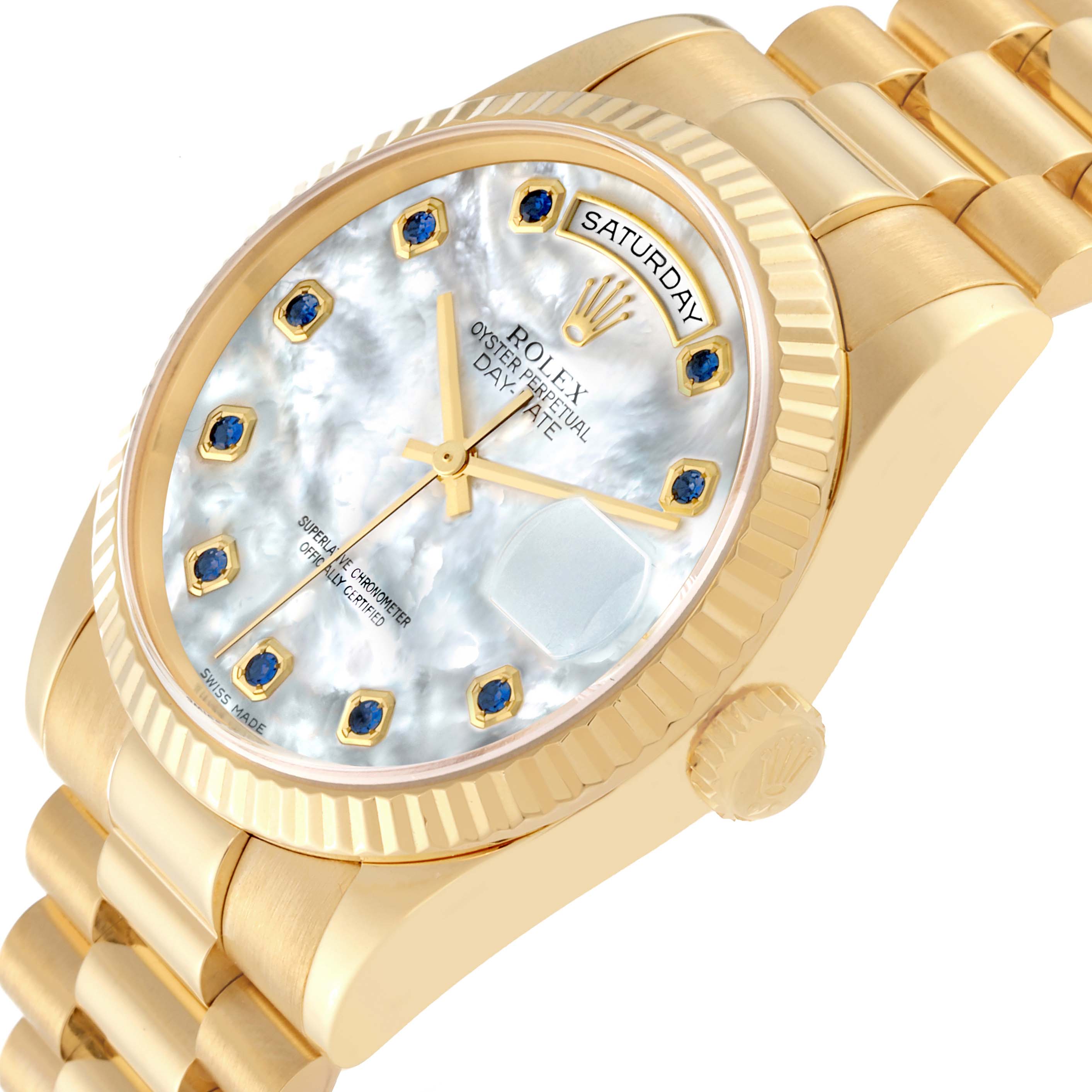 The image shows an angled view of the Rolex President 118238 Men's Yellow Gold Mother of Pearl Dial 118238 Men's Yellow Gold Mother of Pearl Dial watch, displaying the dial, bezel, crown, and band.