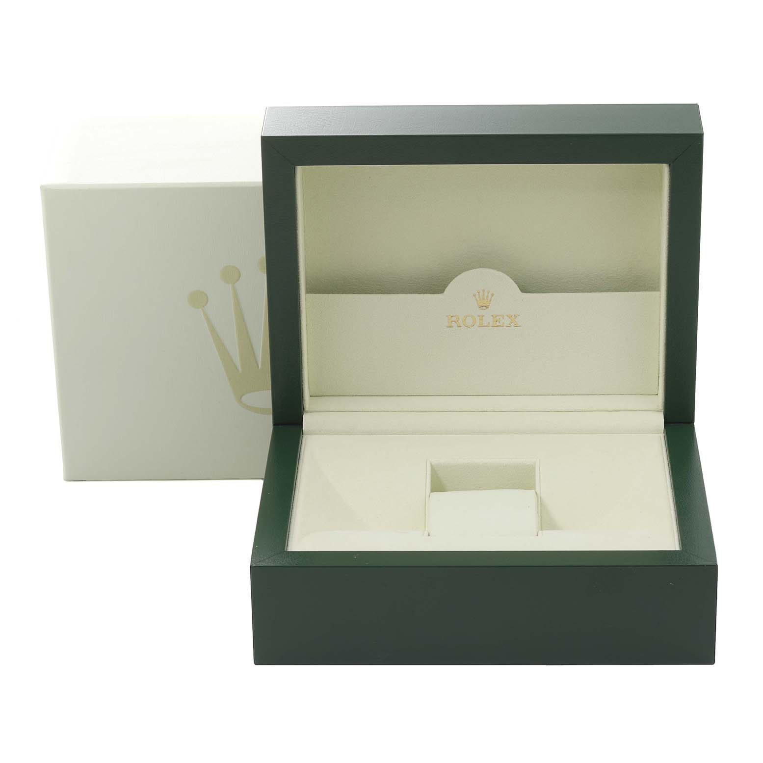 This image shows an open luxury green and cream box designed for the Rolex President 118238 Men's Yellow Gold Mother of Pearl Dial 118238 Men's Yellow Gold Mother of Pearl Dial model watch.