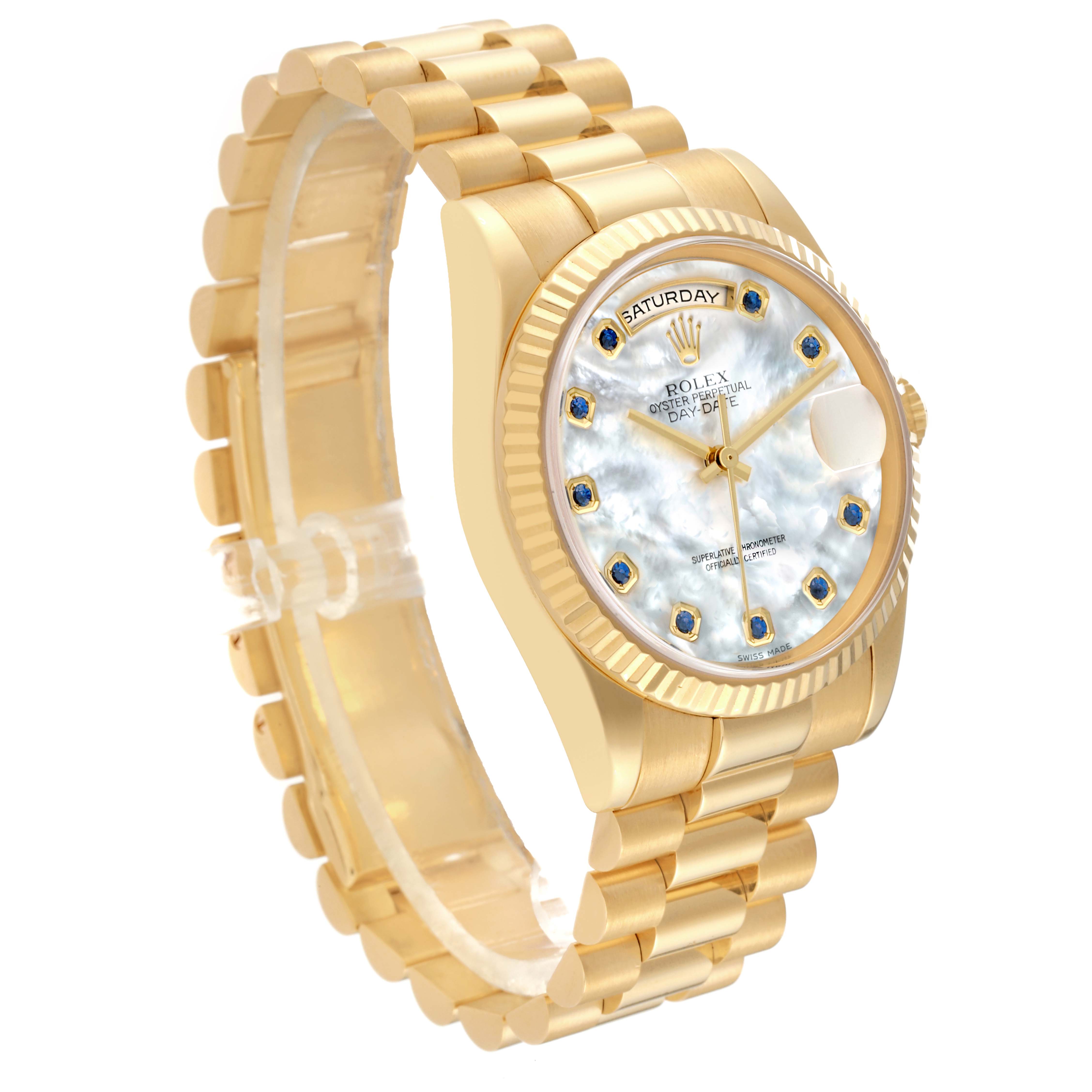 The image shows a Rolex President 118238 Men's Yellow Gold Mother of Pearl Dial 118238 Men's Yellow Gold Mother of Pearl Dial model watch at a three-quarter angle, showcasing its band, case, and dial.