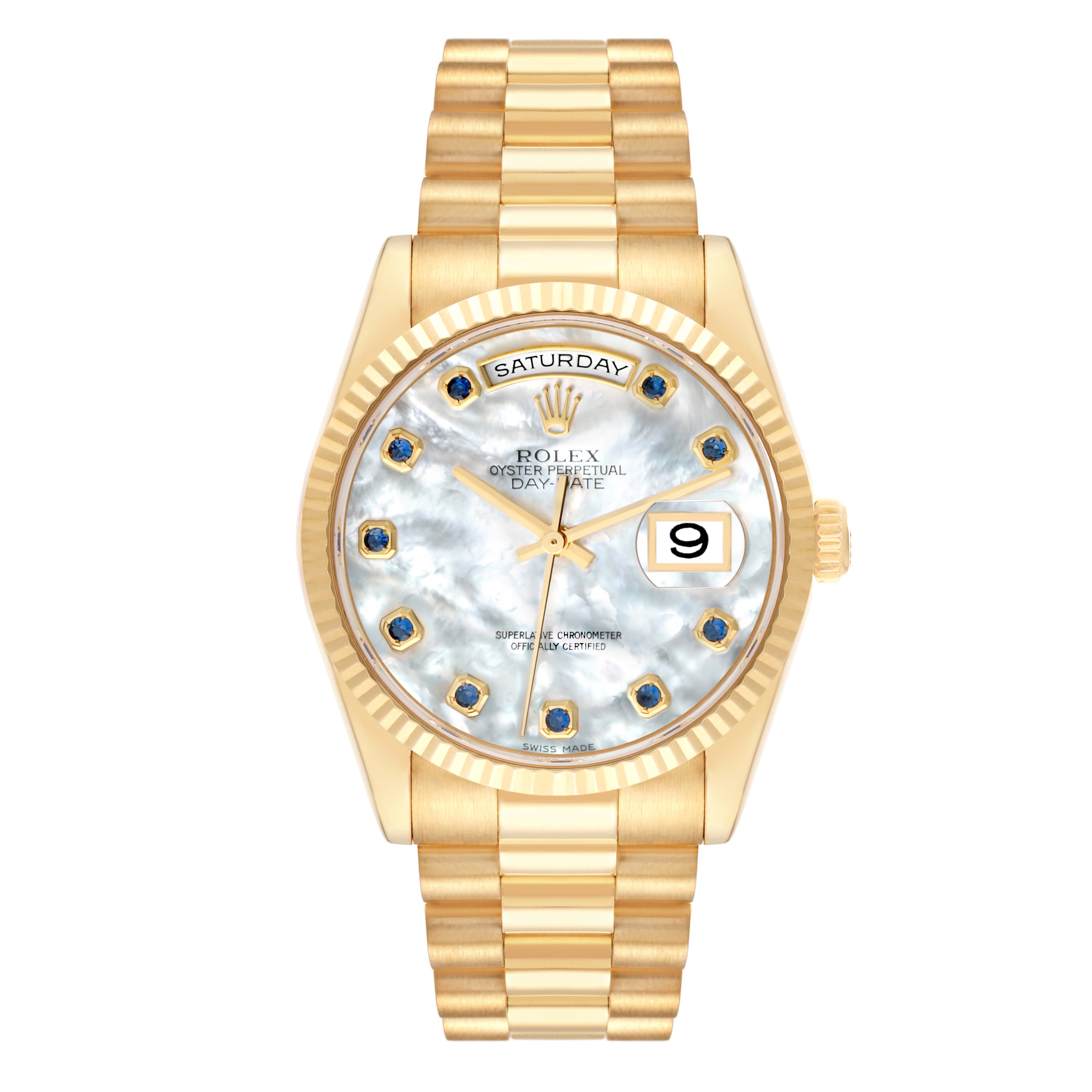 The image shows a frontal view of a Rolex President 118238 Men's Yellow Gold Mother of Pearl Dial 118238 Men's Yellow Gold Mother of Pearl Dial Day-Date watch, featuring a gold case, bracelet, and a mother-of-pearl dial.