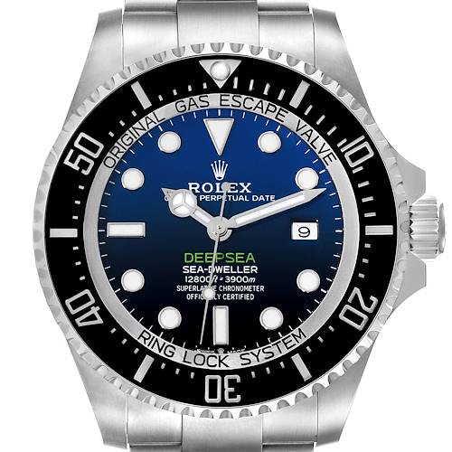 The image shows a front view of the Rolex Sea-Dweller Deepsea, model 126660, displaying the dial, bezel, crown, and part of the bracelet.