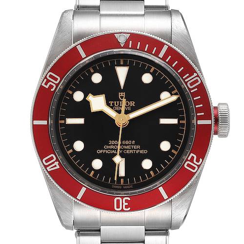 The image shows a front view of the Tudor Heritage Black Bay 79230R Men's Stainless Steel Black Dial 79230R Men's Stainless Steel Black Dial watch, highlighting its dial, bezel, and crown.