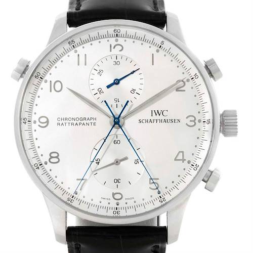 This image shows a front view of the IWC Portuguese IW371205 Men's Platinum Silver Dial IW371205 Men's Platinum Silver Dial Chronograph Rattrapante watch, displaying the face, subdials, and pushers.