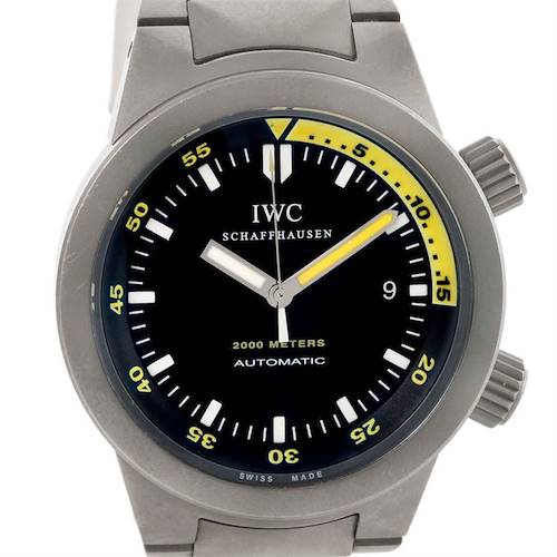 This is a front view of an IWC Aquatimer IW356802 Men's Titanium Black Dial IW356802 Men's Titanium Black Dial watch showing its dial, hands, bezel, and crown.