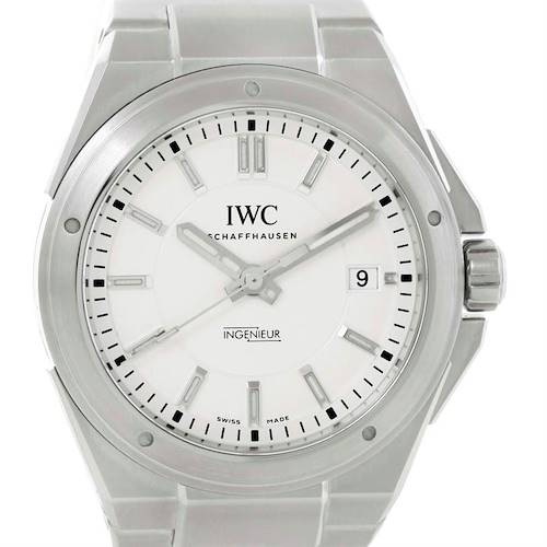The image shows a front view of an IWC Ingenieur IW323904 Men's Stainless Steel Silver Dial IW323904 Men's Stainless Steel Silver Dial watch, focusing on the dial, case, and part of the bracelet.