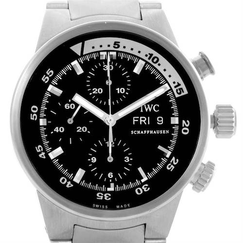 This image shows a front view of the IWC Aquatimer IW371928 Men's Stainless Steel Black Dial IW371928 Men's Stainless Steel Black Dial watch, displaying its face, bezel, and crown.