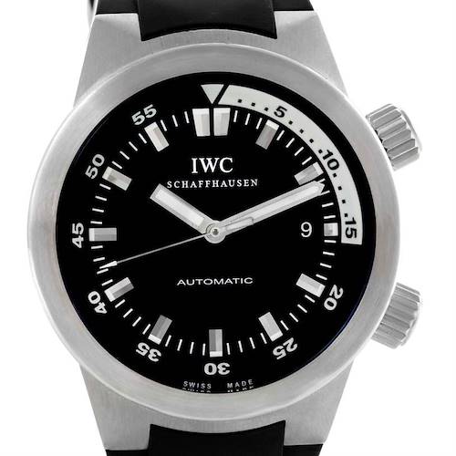 The image shows a close-up of the IWC Aquatimer IW354807 Men's Stainless Steel Black Dial IW354807 Men's Stainless Steel Black Dial watch, highlighting its dial, hands, bezel, and crown.