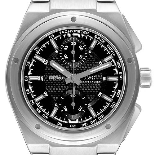 The image shows a front view of the IWC Ingenieur IW372501 Men's Stainless Steel Black Dial IW372501 Men's Stainless Steel Black Dial watch, highlighting the dial, hands, subdials, and tachymeter bezel.